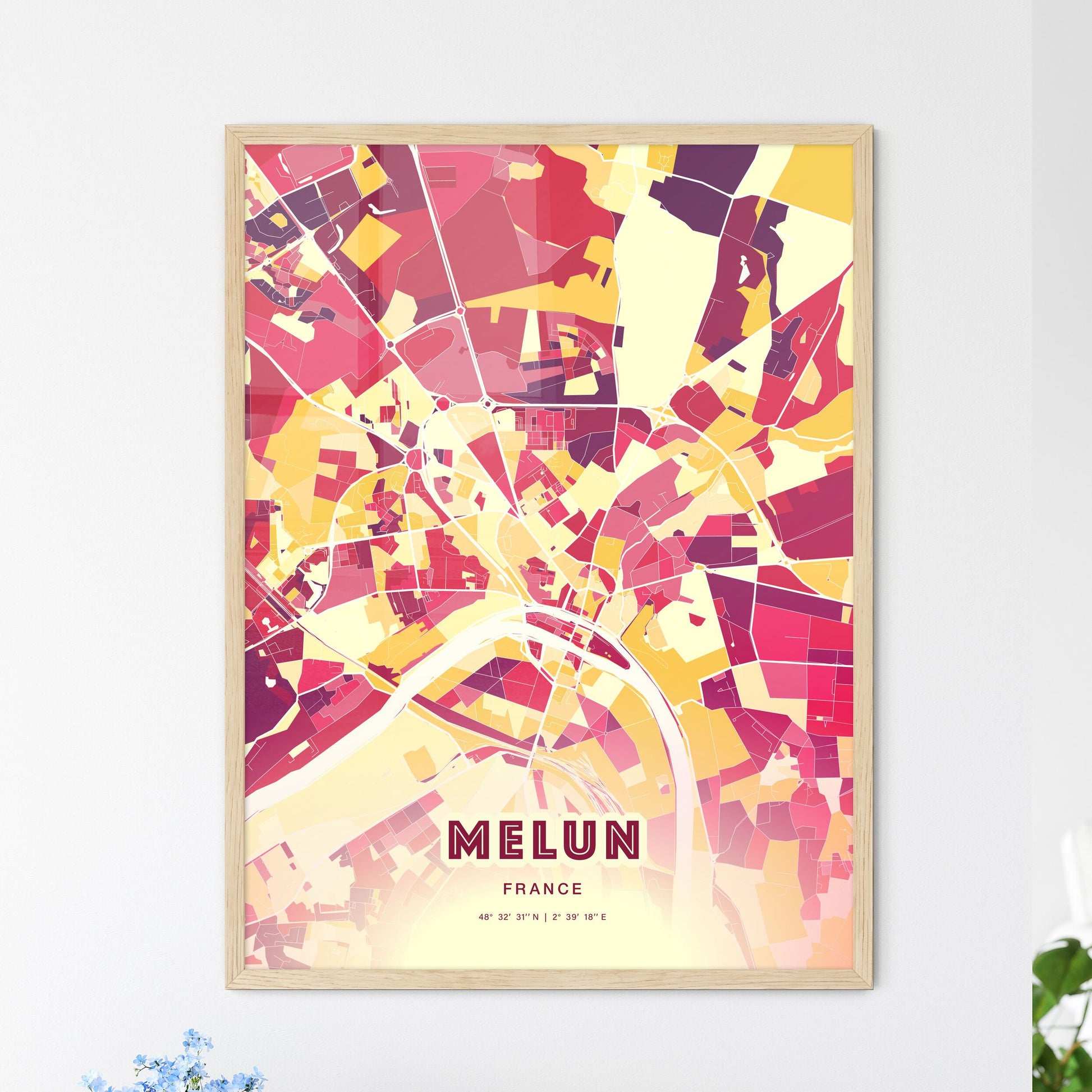 Colorful MELUN FRANCE Fine Art Map Hot Red