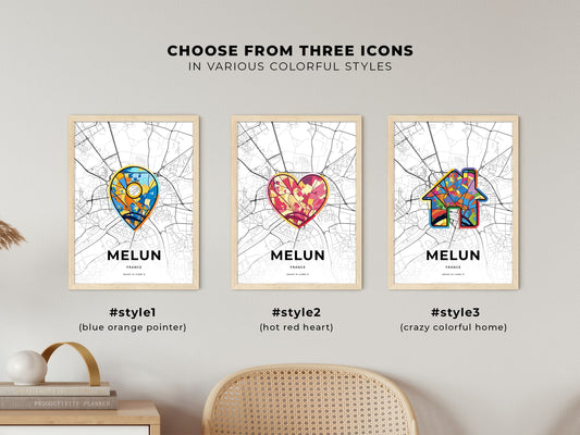 Melun France maps with colorful icons