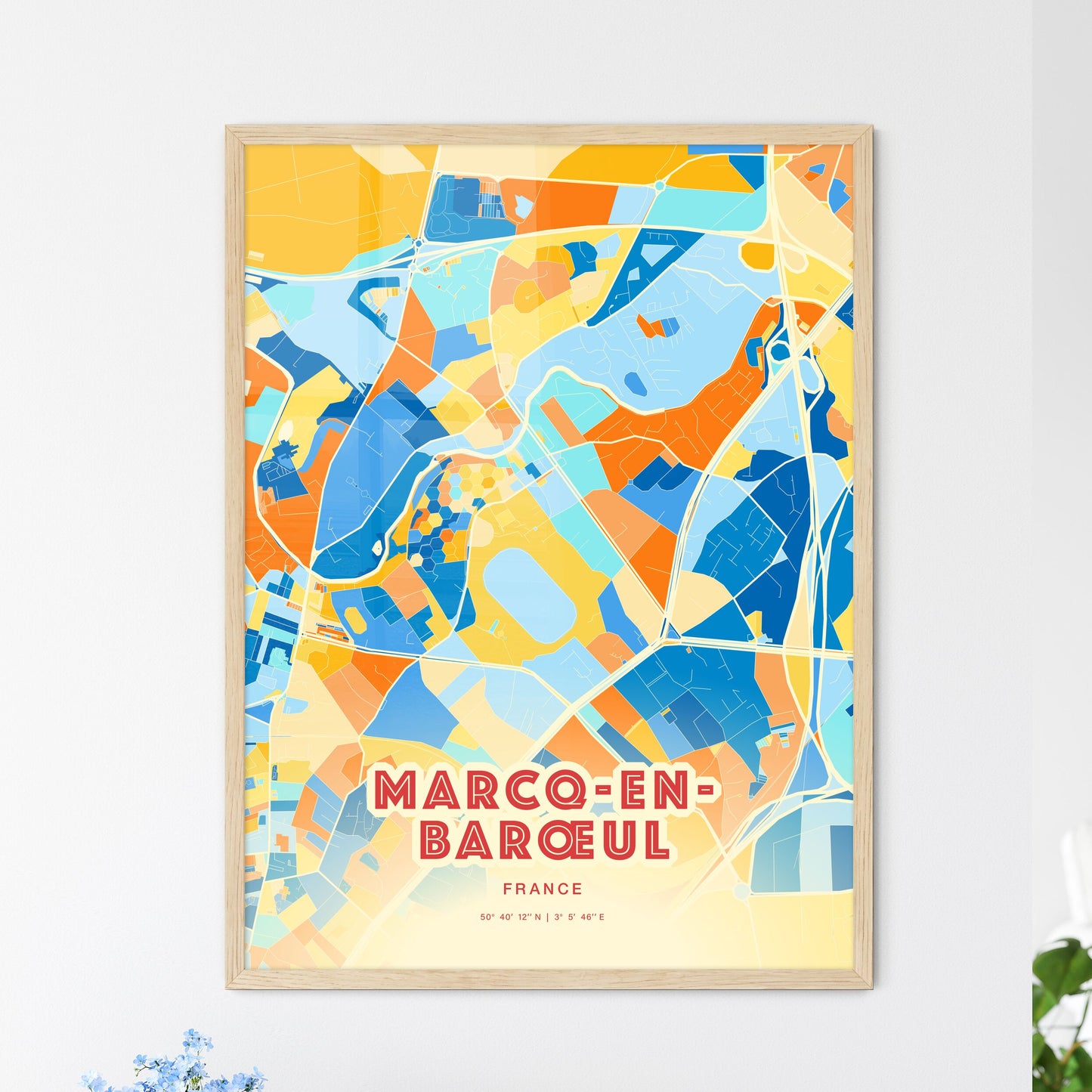 Colorful MARCQ-EN-BARŒUL FRANCE Fine Art Map Blue Orange