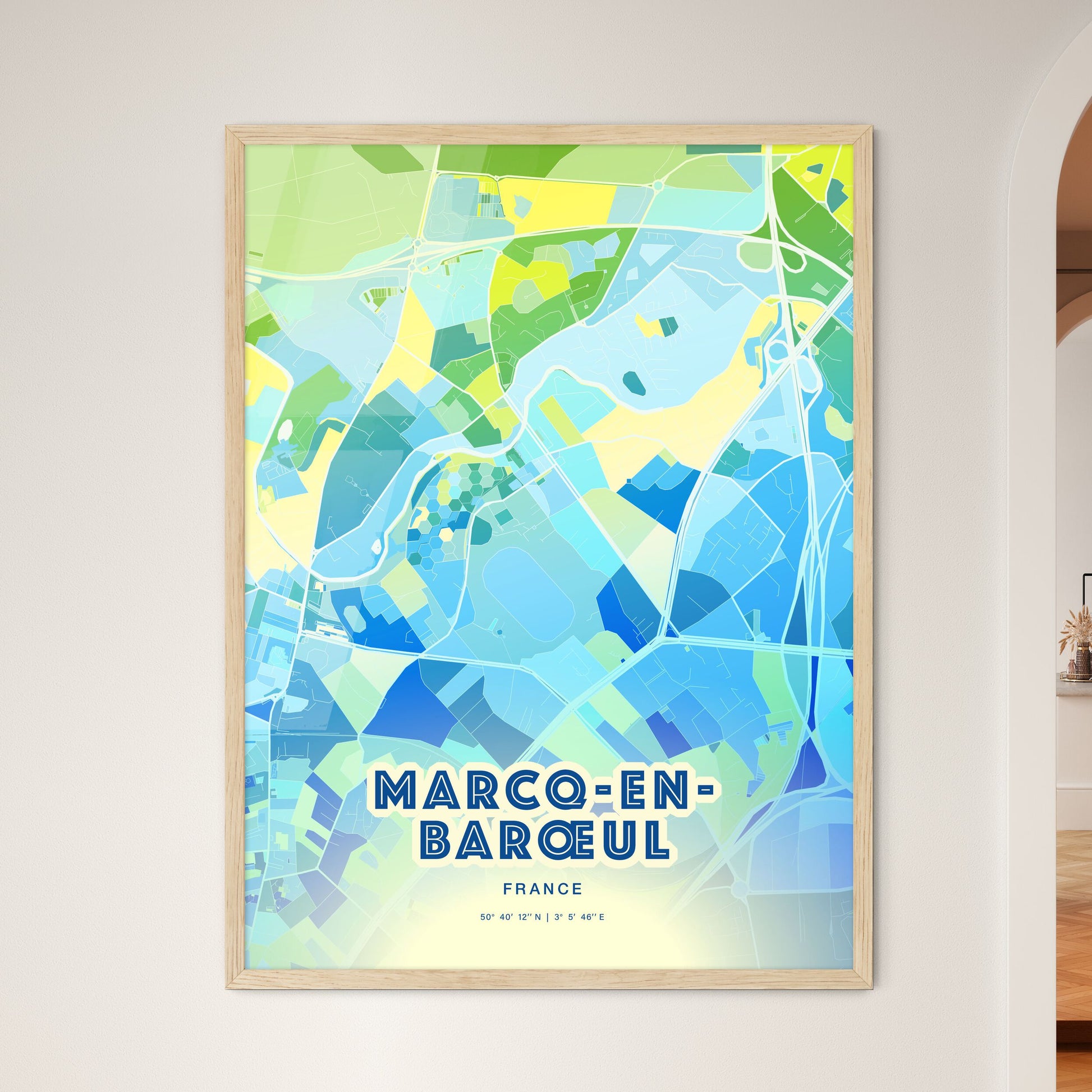 Colorful MARCQ-EN-BARŒUL FRANCE Fine Art Map Cool Blue