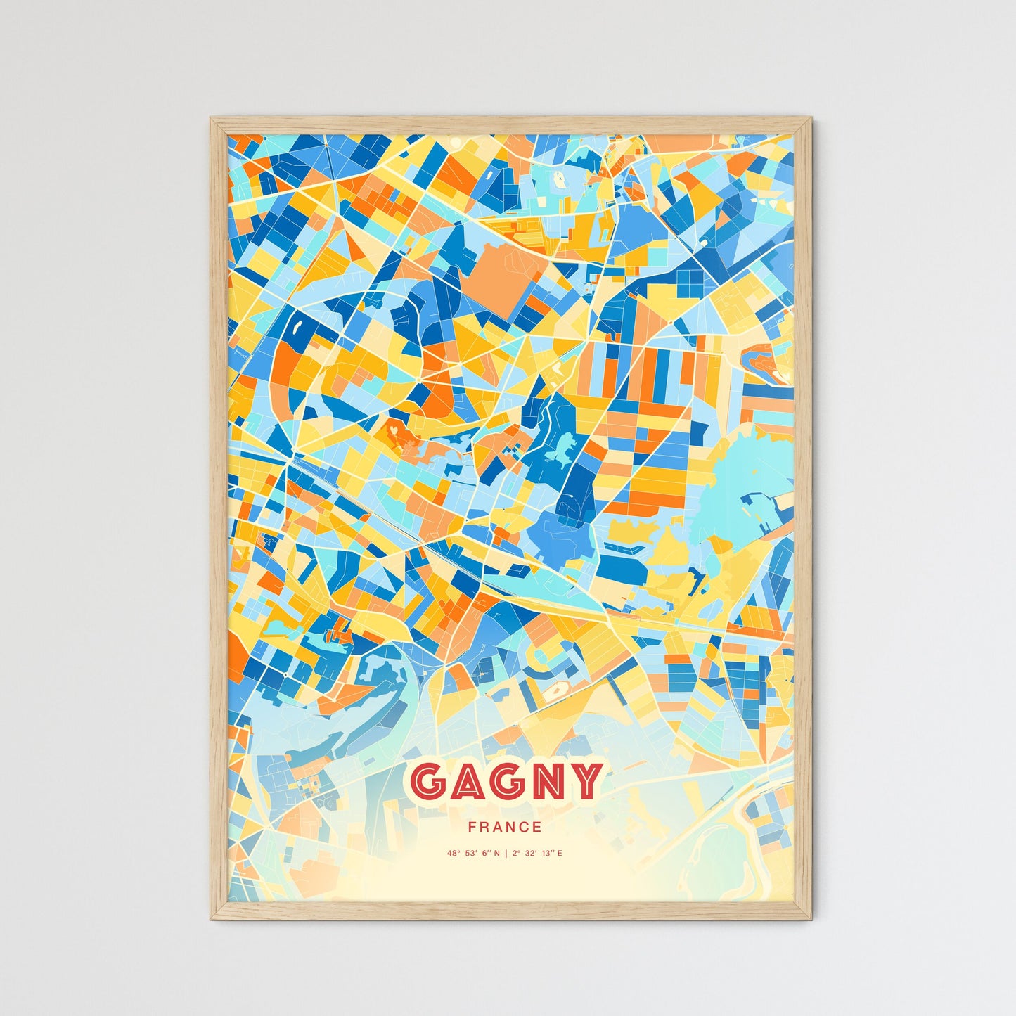 Colorful GAGNY FRANCE Fine Art Map Blue Orange