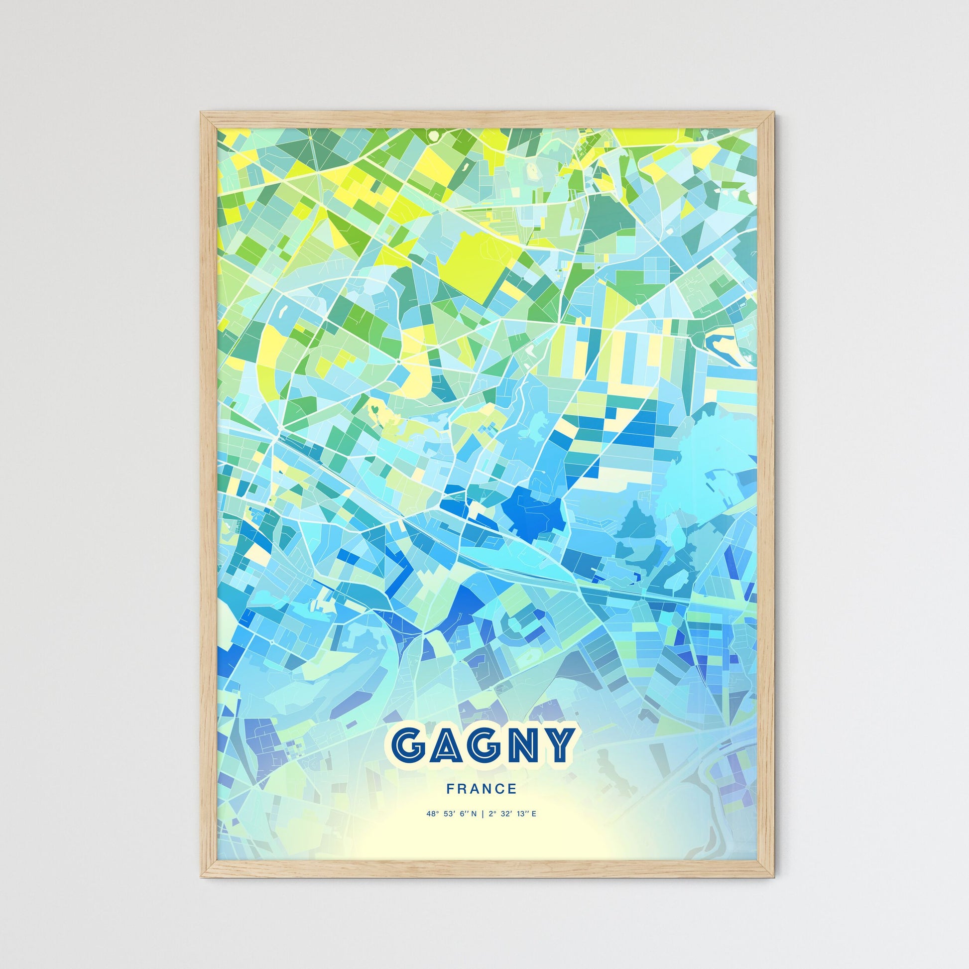 Colorful GAGNY FRANCE Fine Art Map Cool Blue