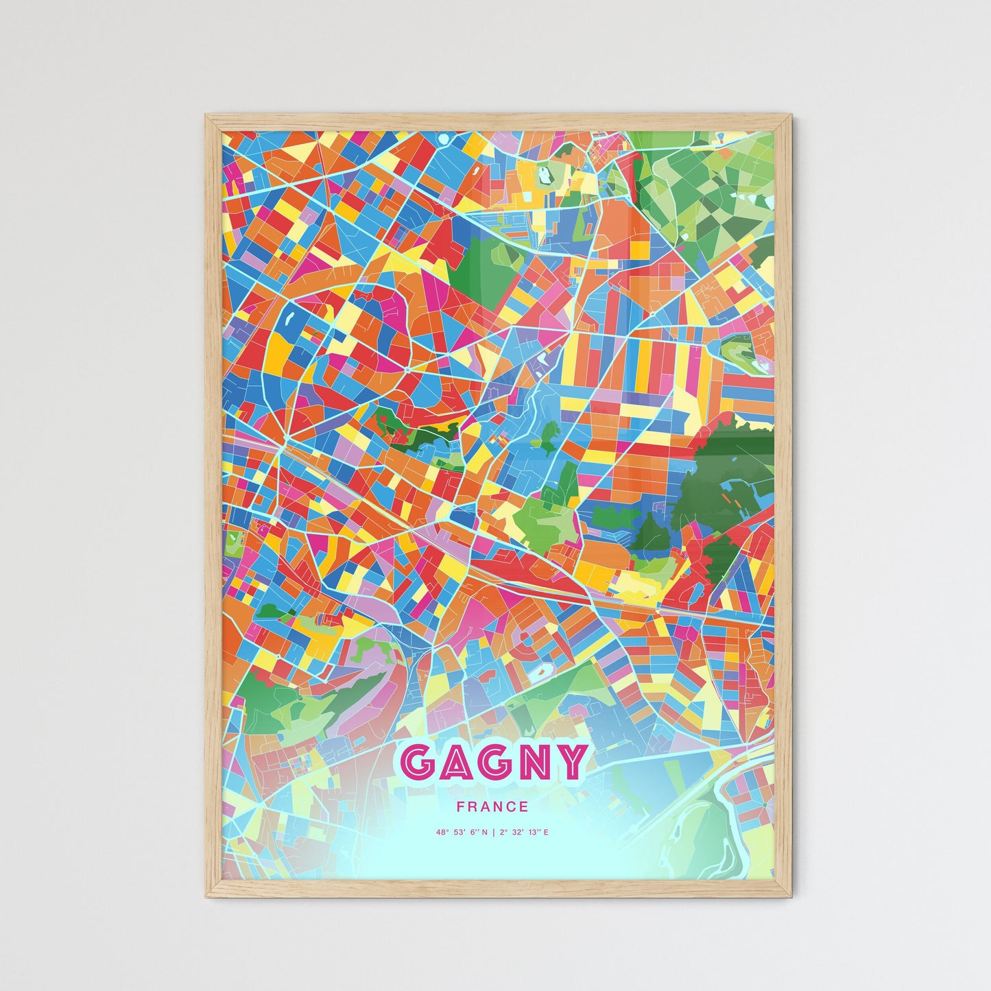 Colorful GAGNY FRANCE Fine Art Map Crazy Colors