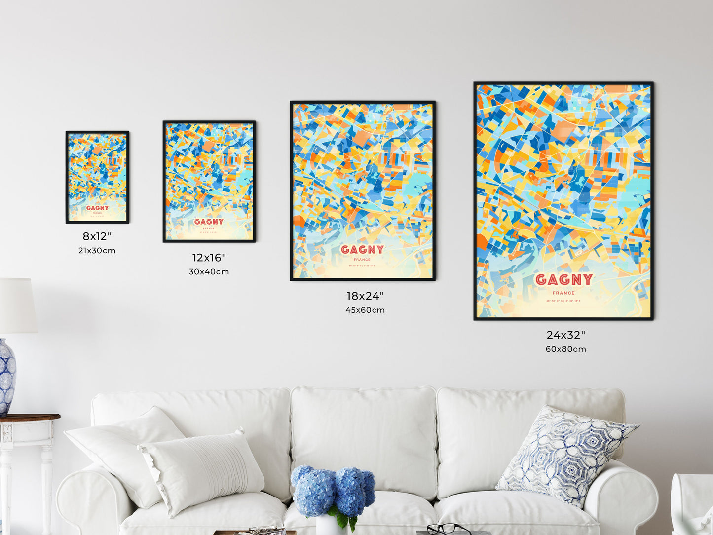 Colorful GAGNY FRANCE Fine Art Map Blue Orange