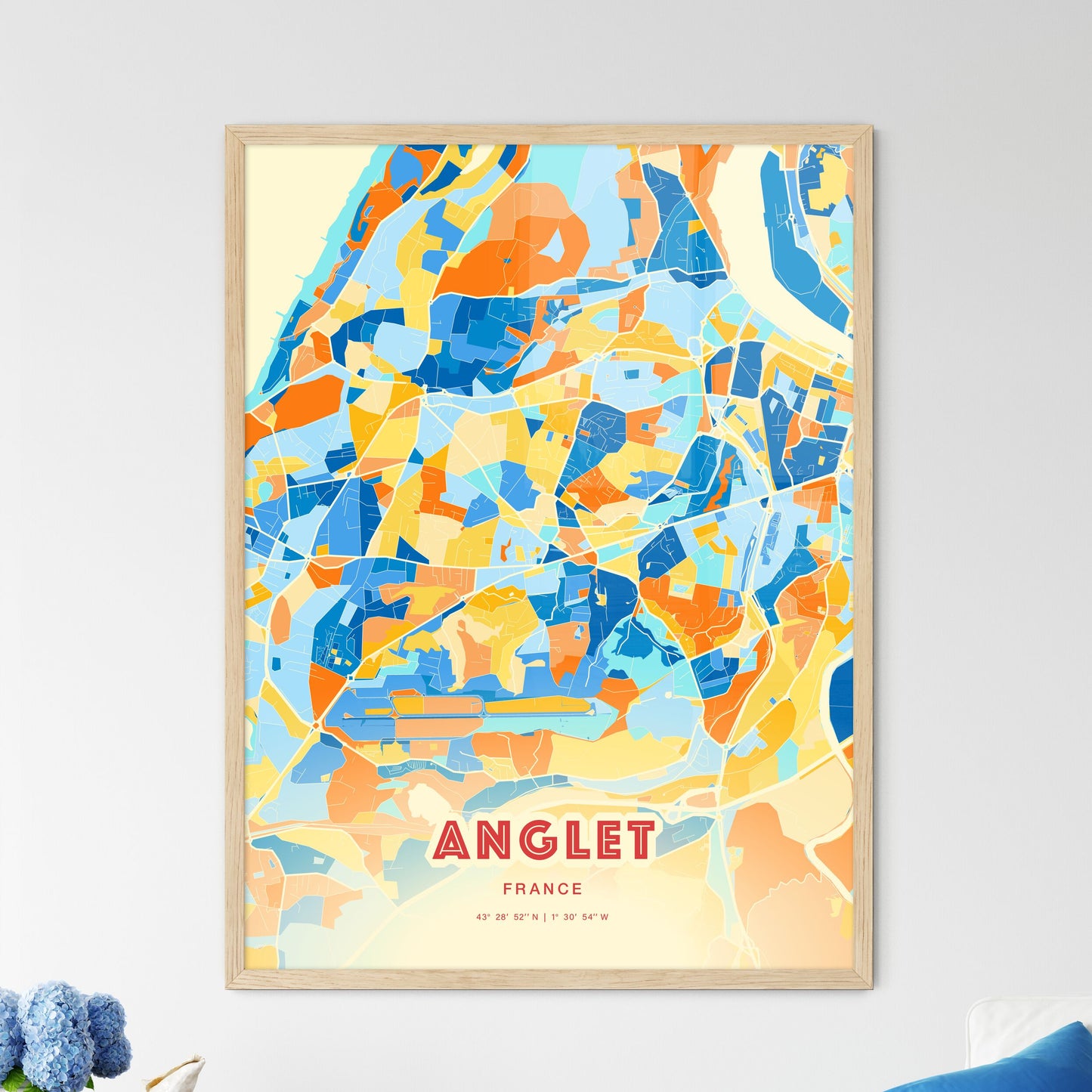 Colorful ANGLET FRANCE Fine Art Map Blue Orange