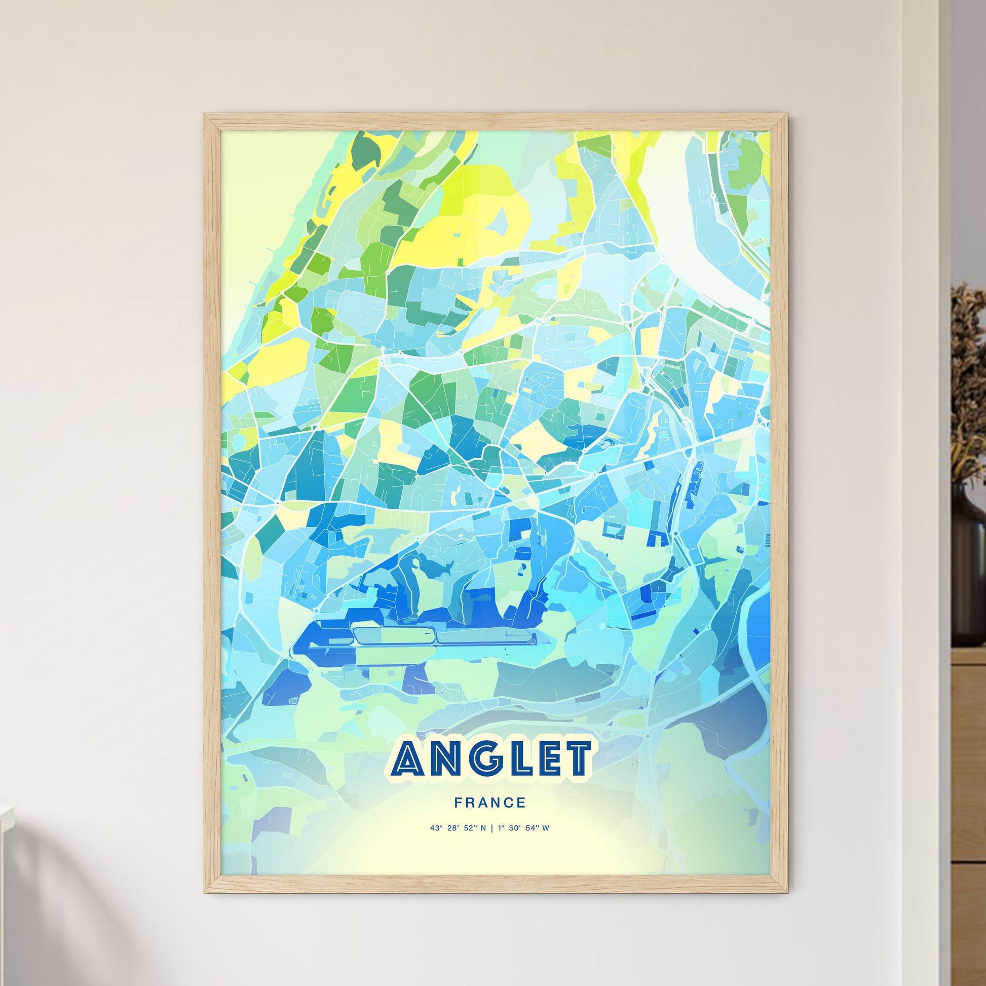 Colorful ANGLET FRANCE Fine Art Map Cool Blue