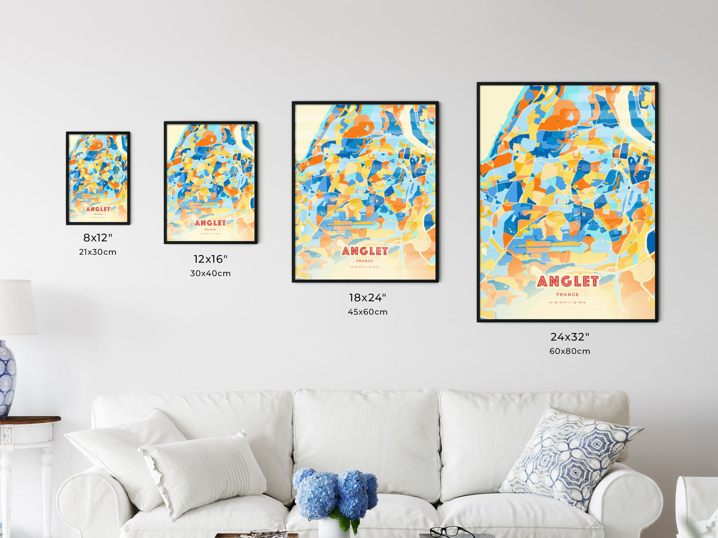 Colorful ANGLET FRANCE Fine Art Map Blue Orange