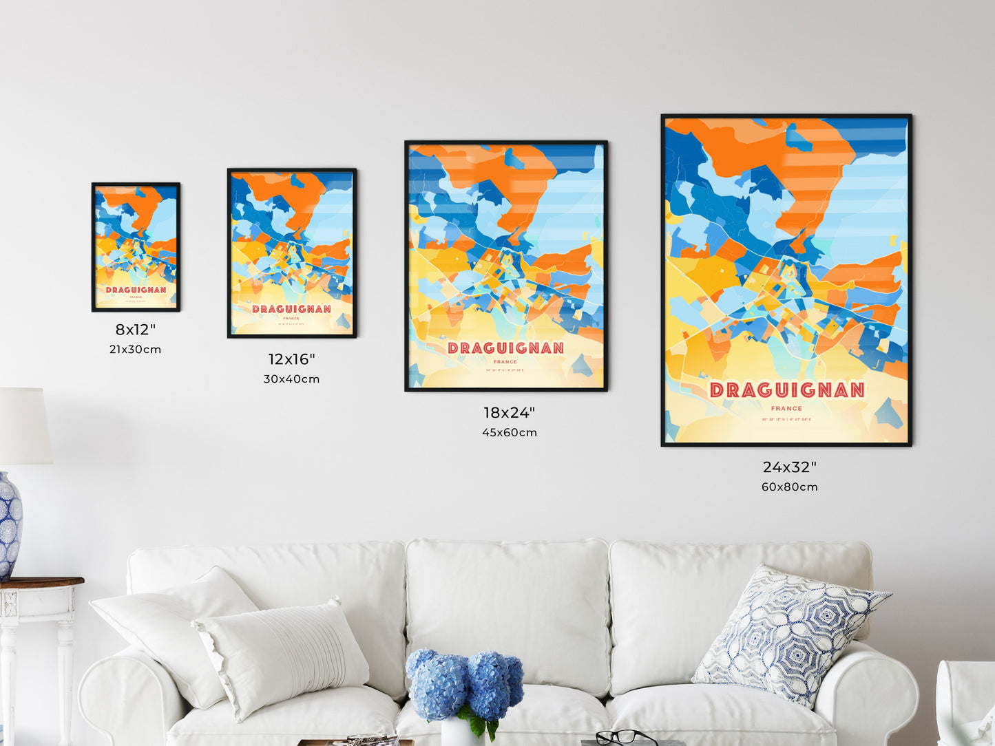 Colorful DRAGUIGNAN FRANCE Fine Art Map Blue Orange