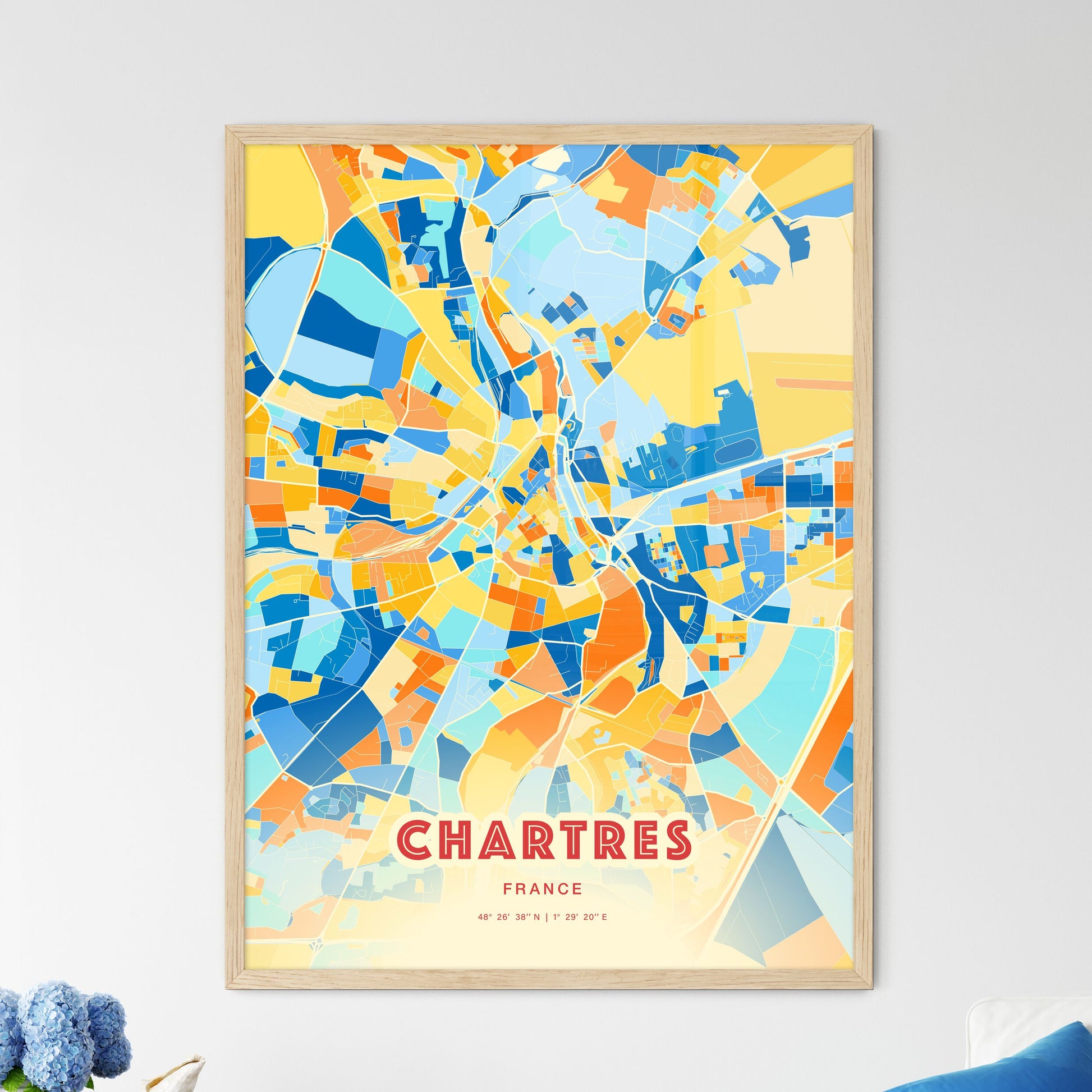 Colorful CHARTRES FRANCE Fine Art Map Blue Orange