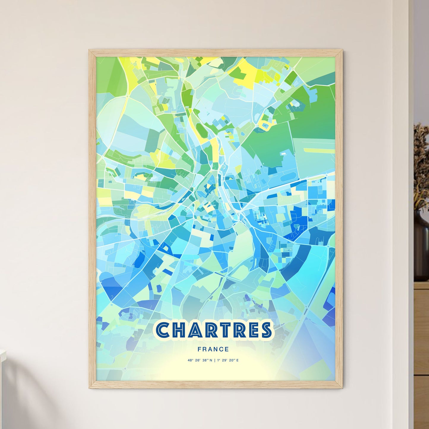 Colorful CHARTRES FRANCE Fine Art Map Cool Blue