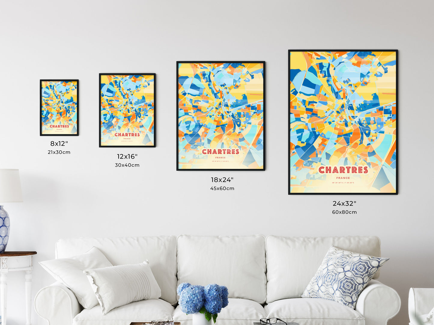 Colorful CHARTRES FRANCE Fine Art Map Blue Orange