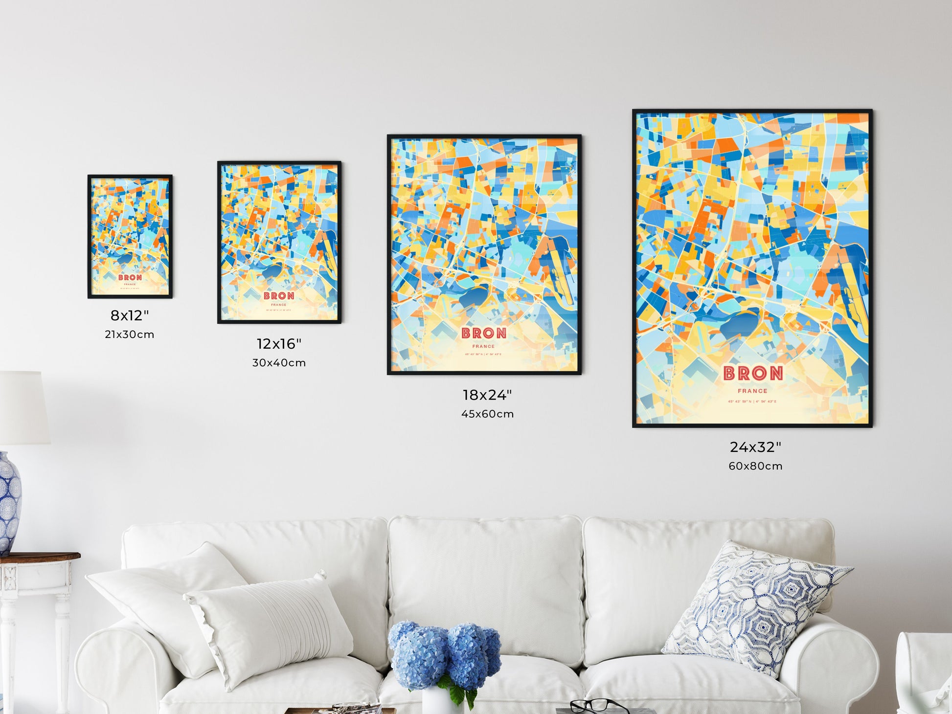 Colorful BRON FRANCE Fine Art Map Blue Orange