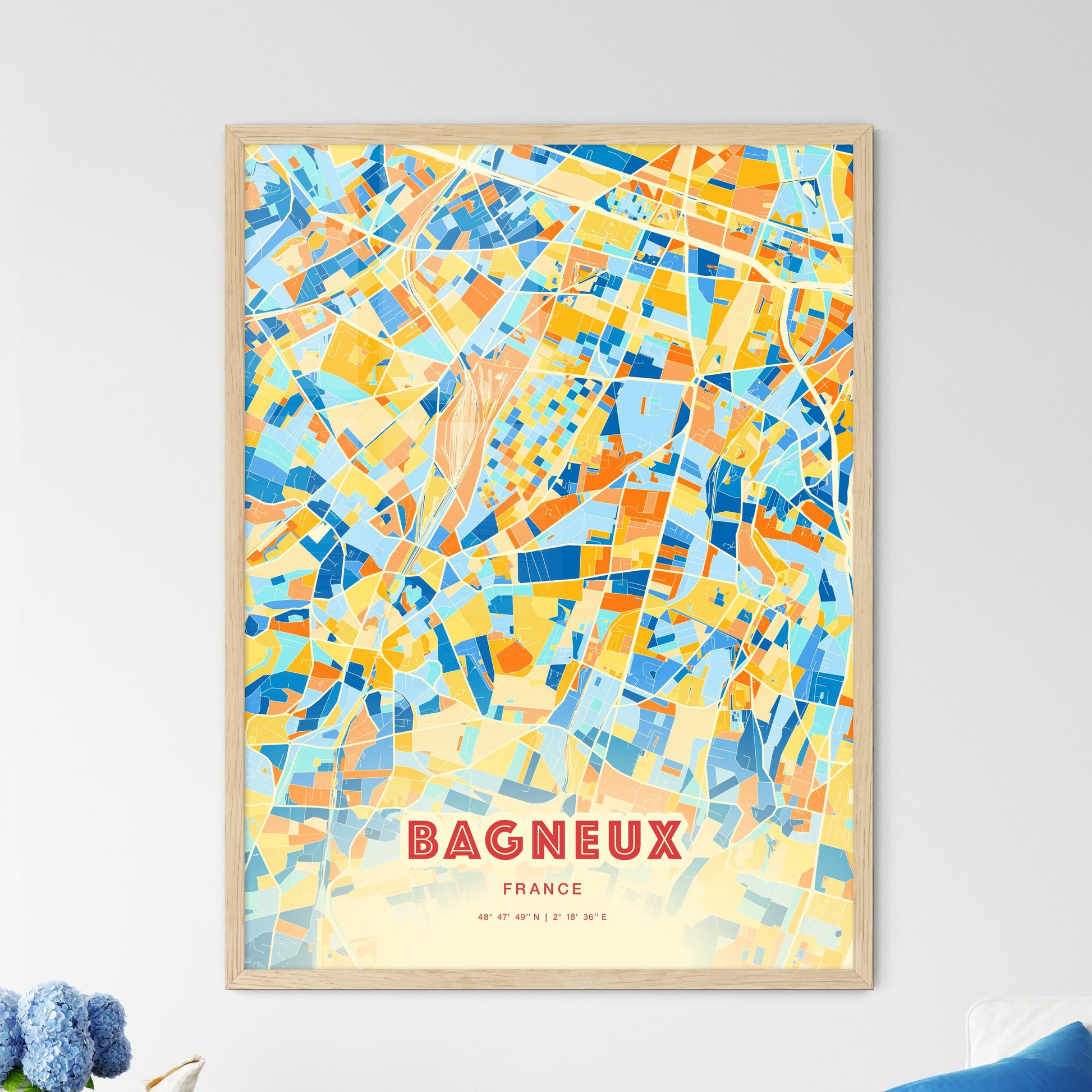 Colorful BAGNEUX FRANCE Fine Art Map Blue Orange