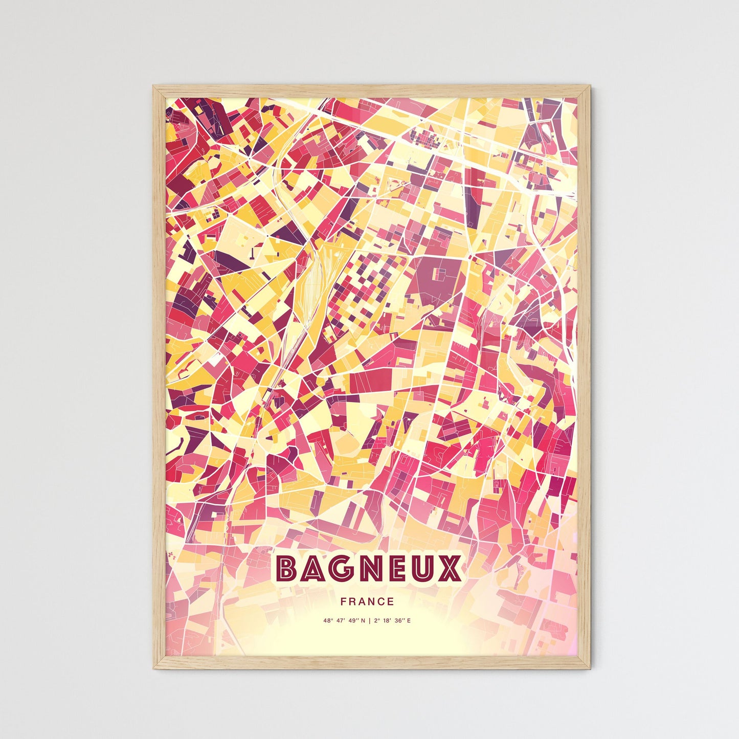 Colorful BAGNEUX FRANCE Fine Art Map Hot Red