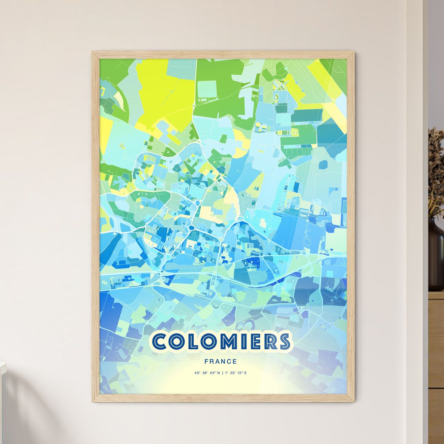 Colorful COLOMIERS FRANCE Fine Art Map Cool Blue