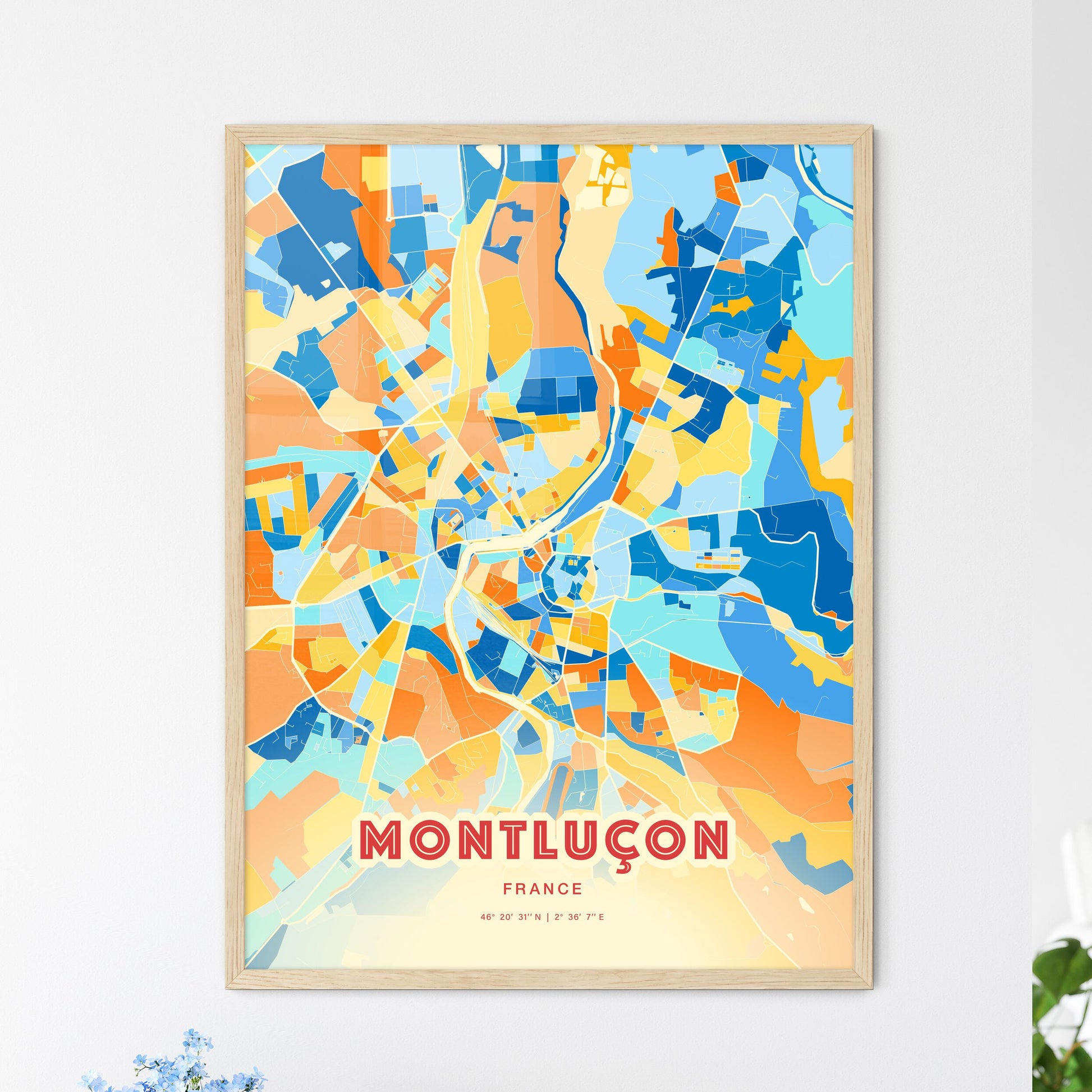 Colorful MONTLUÇON FRANCE Fine Art Map Blue Orange