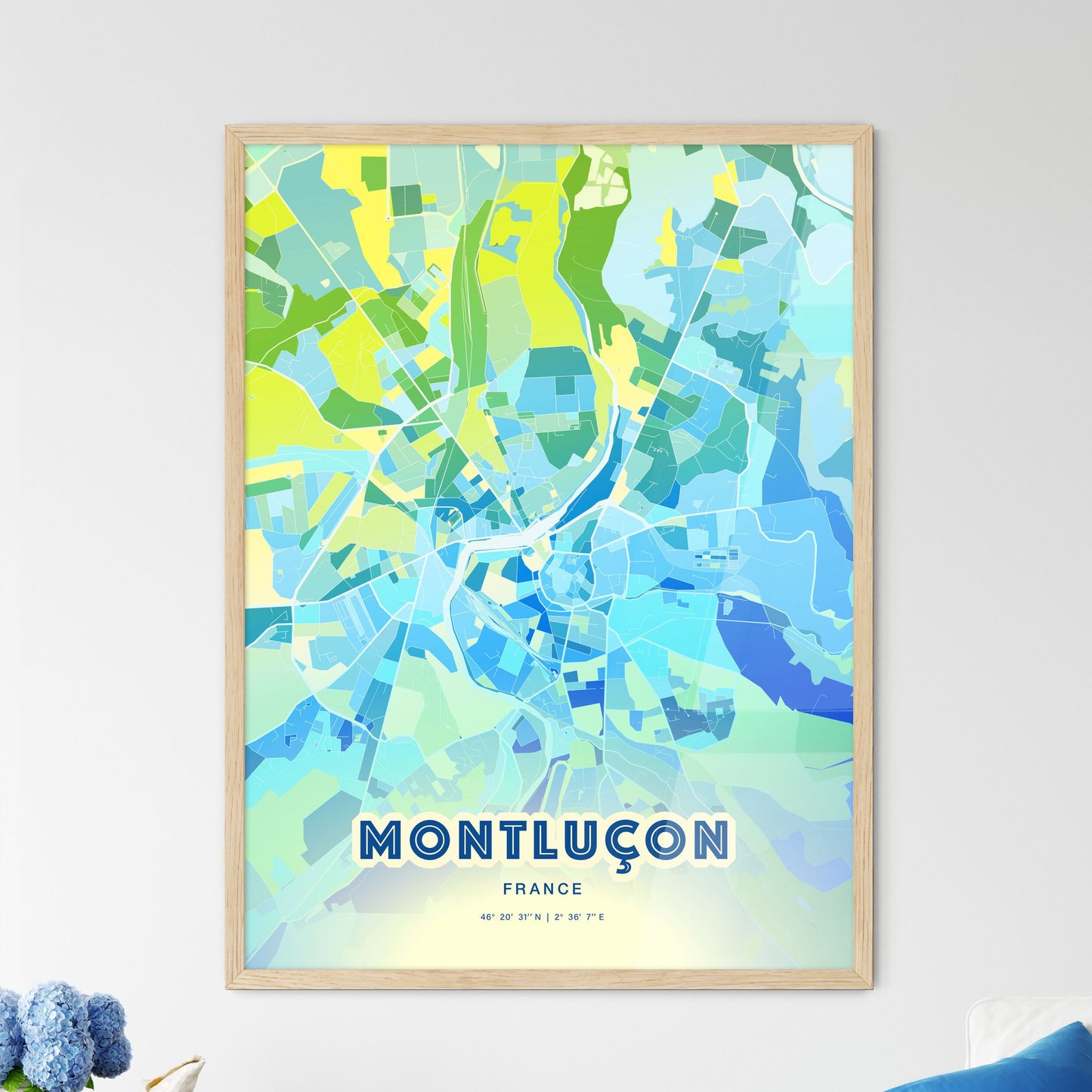 Colorful MONTLUÇON FRANCE Fine Art Map Cool Blue