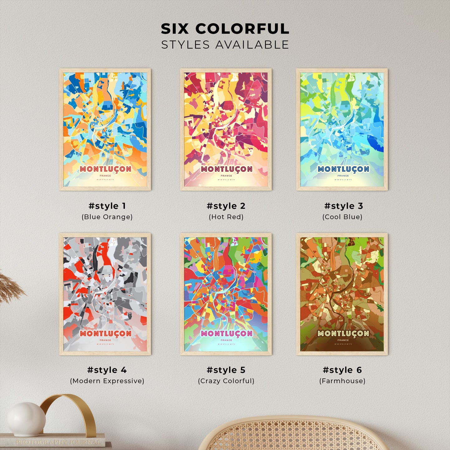 Colorful MONTLUÇON FRANCE Fine Art Map Blue Orange