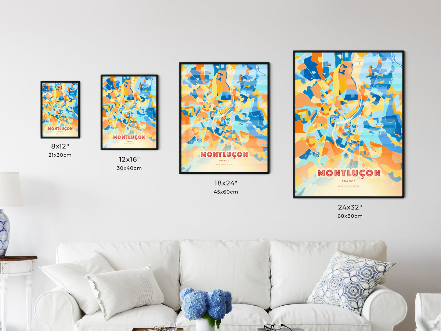 Colorful MONTLUÇON FRANCE Fine Art Map Blue Orange