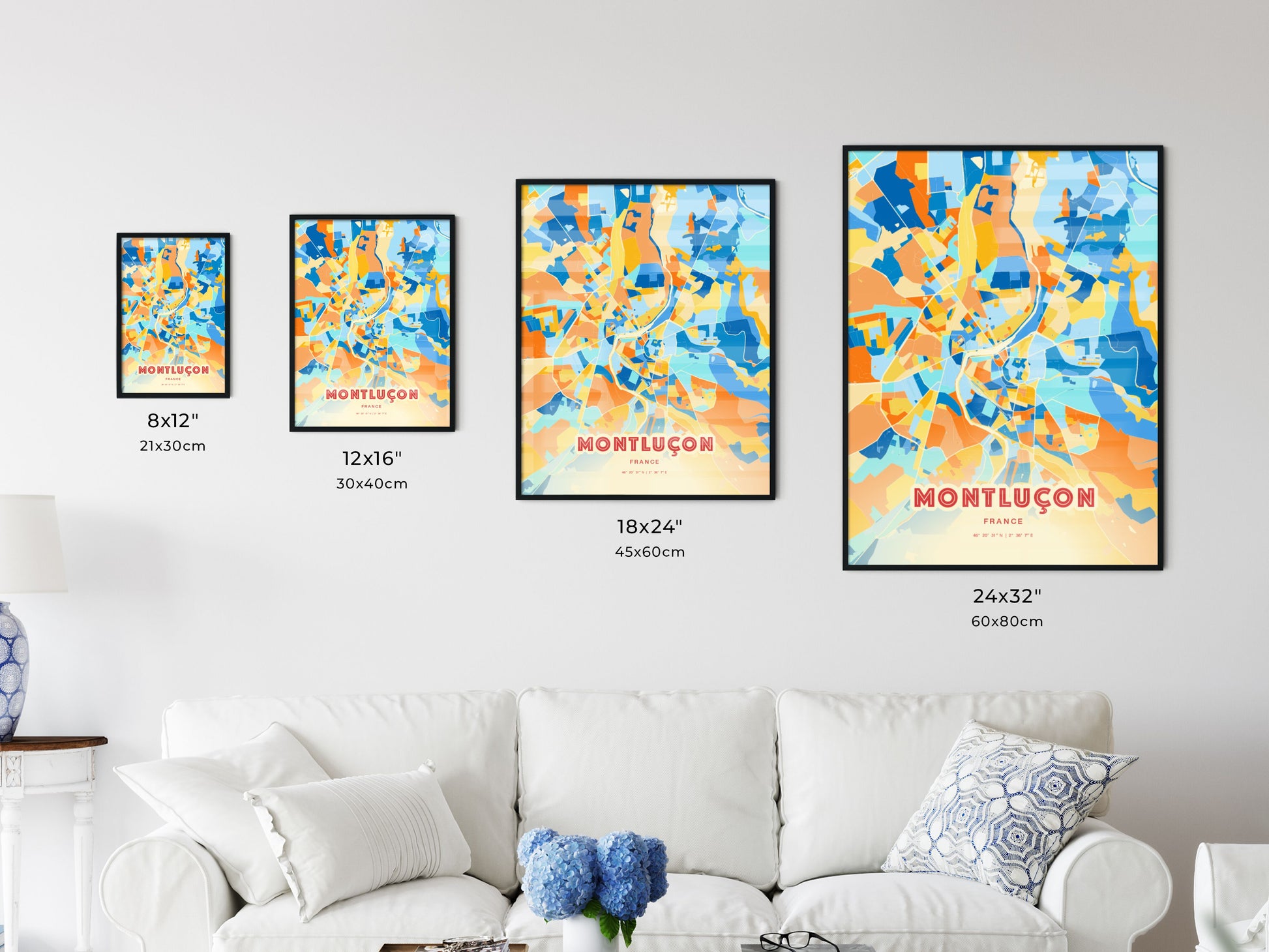 Colorful MONTLUÇON FRANCE Fine Art Map Blue Orange