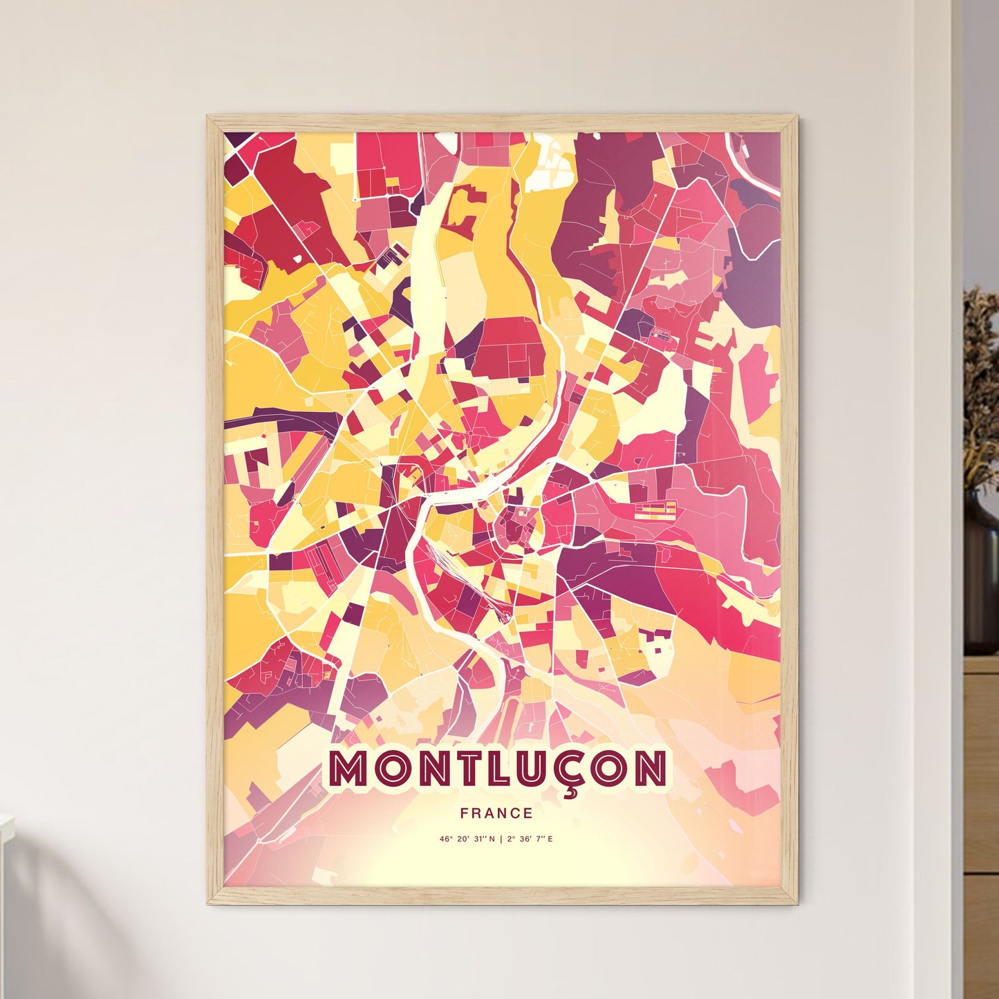 Colorful MONTLUÇON FRANCE Fine Art Map Hot Red