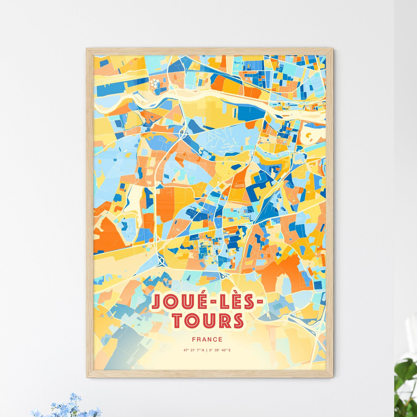 Colorful JOUÉ-LÈS-TOURS FRANCE Fine Art Map Blue Orange