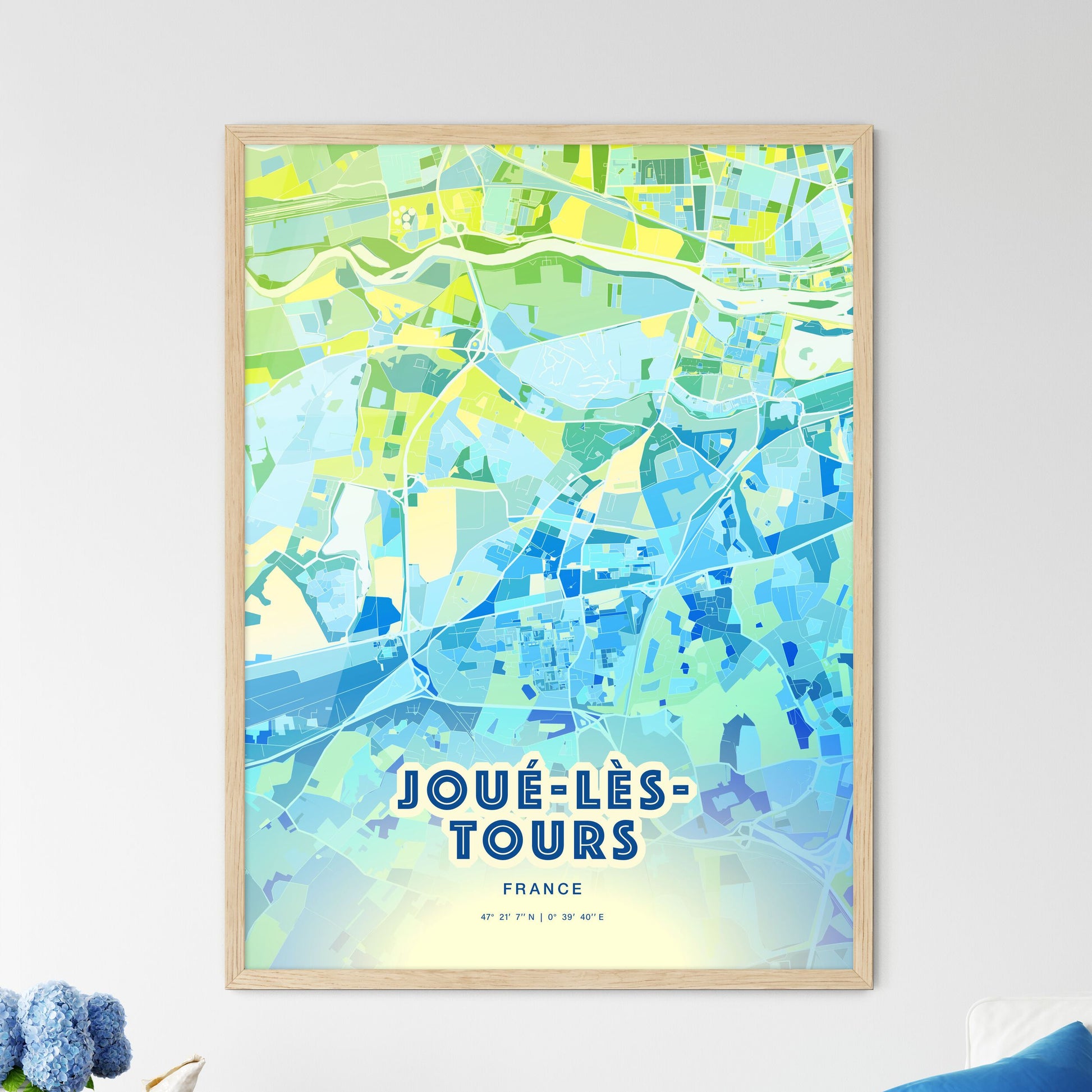 Colorful JOUÉ-LÈS-TOURS FRANCE Fine Art Map Cool Blue