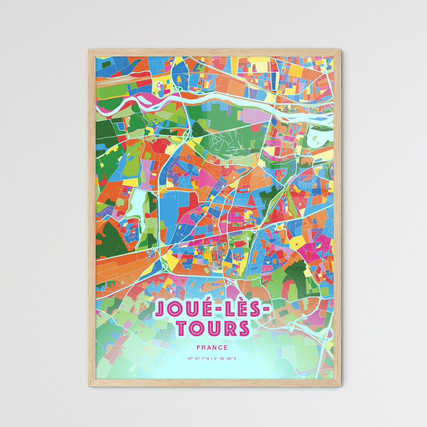 Colorful JOUÉ-LÈS-TOURS FRANCE Fine Art Map Crazy Colors