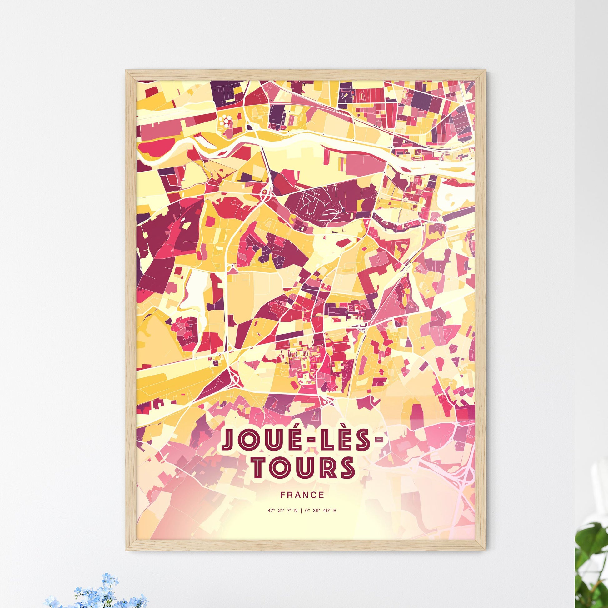 Colorful JOUÉ-LÈS-TOURS FRANCE Fine Art Map Hot Red