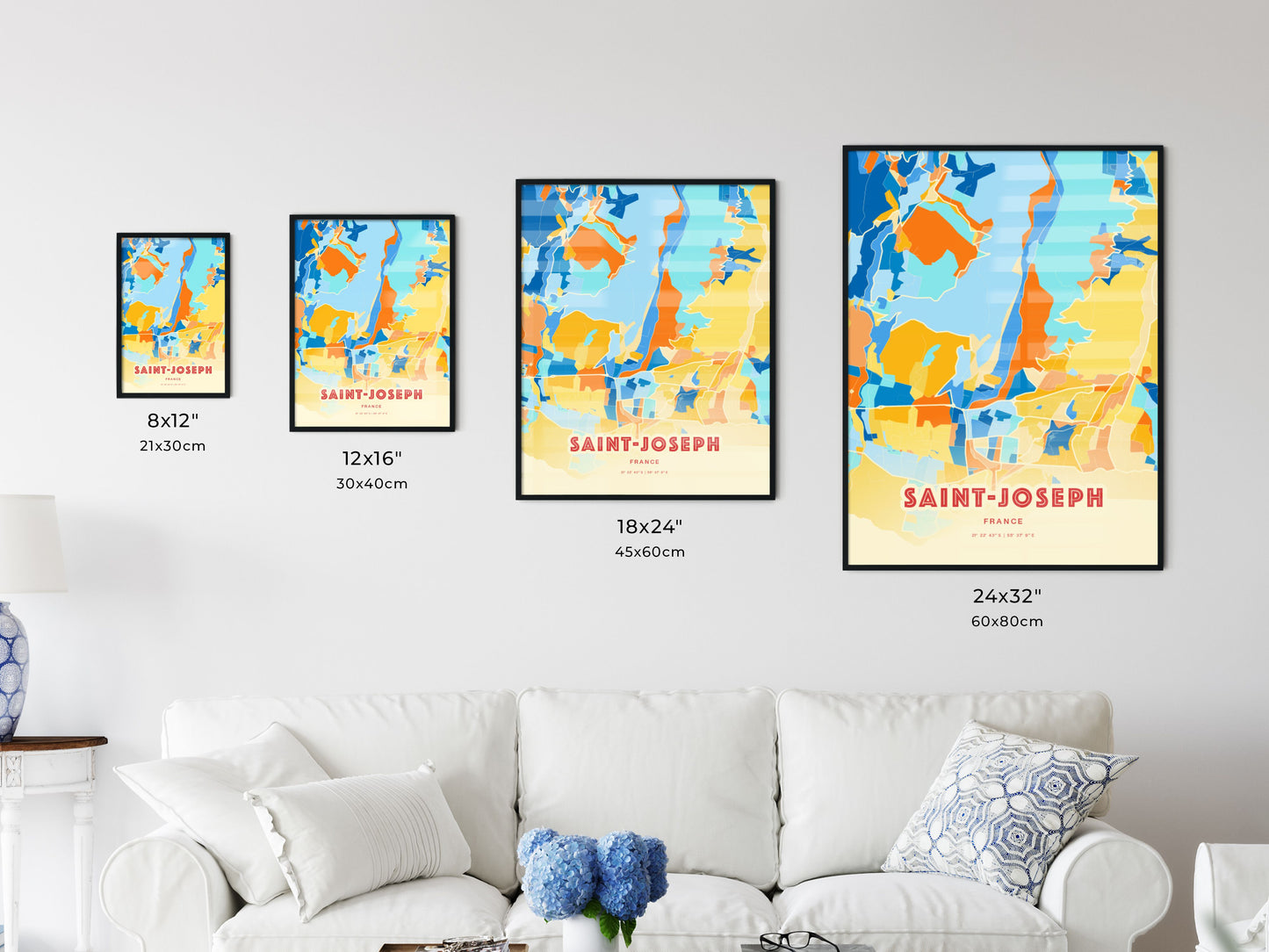 Colorful SAINT-JOSEPH FRANCE Fine Art Map Blue Orange