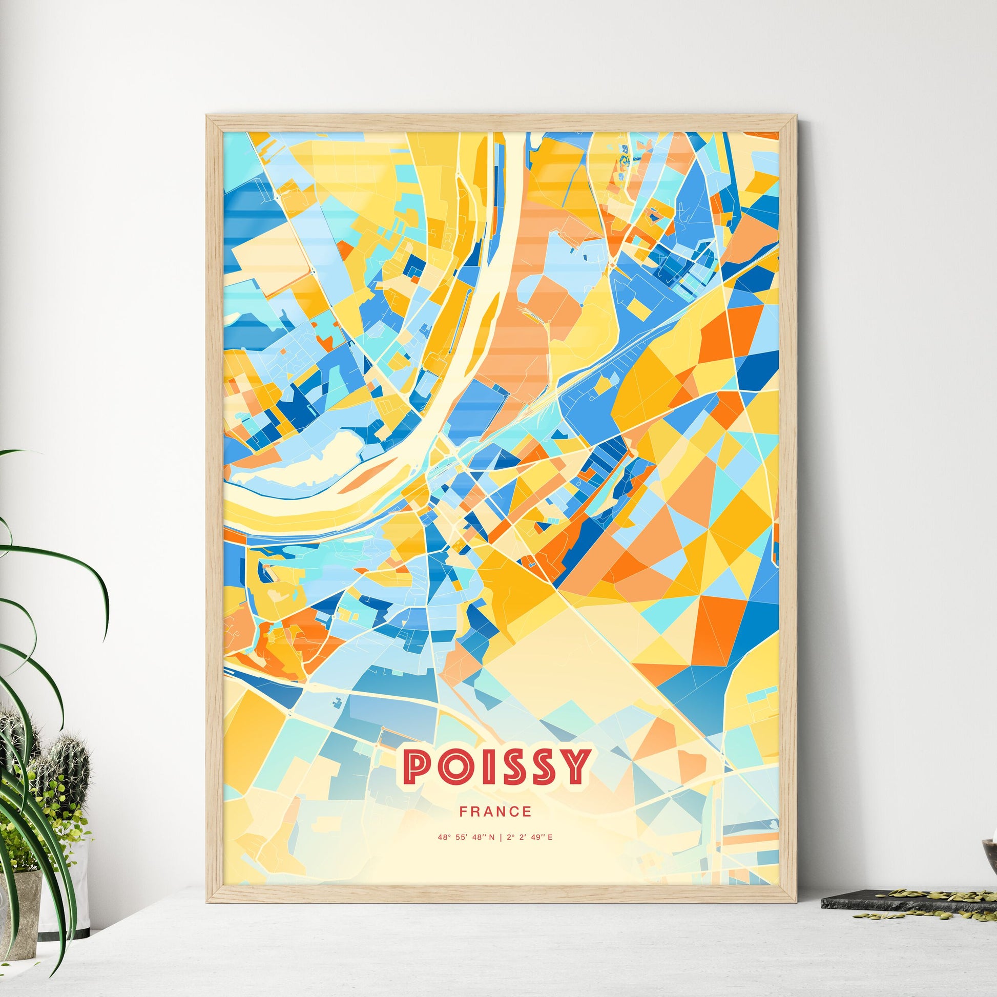 Colorful POISSY FRANCE Fine Art Map Blue Orange