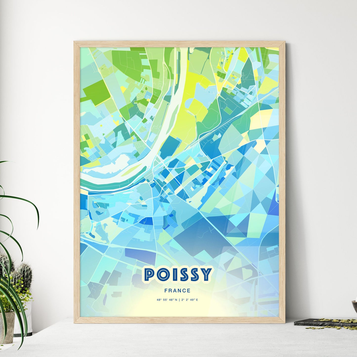 Colorful POISSY FRANCE Fine Art Map Cool Blue