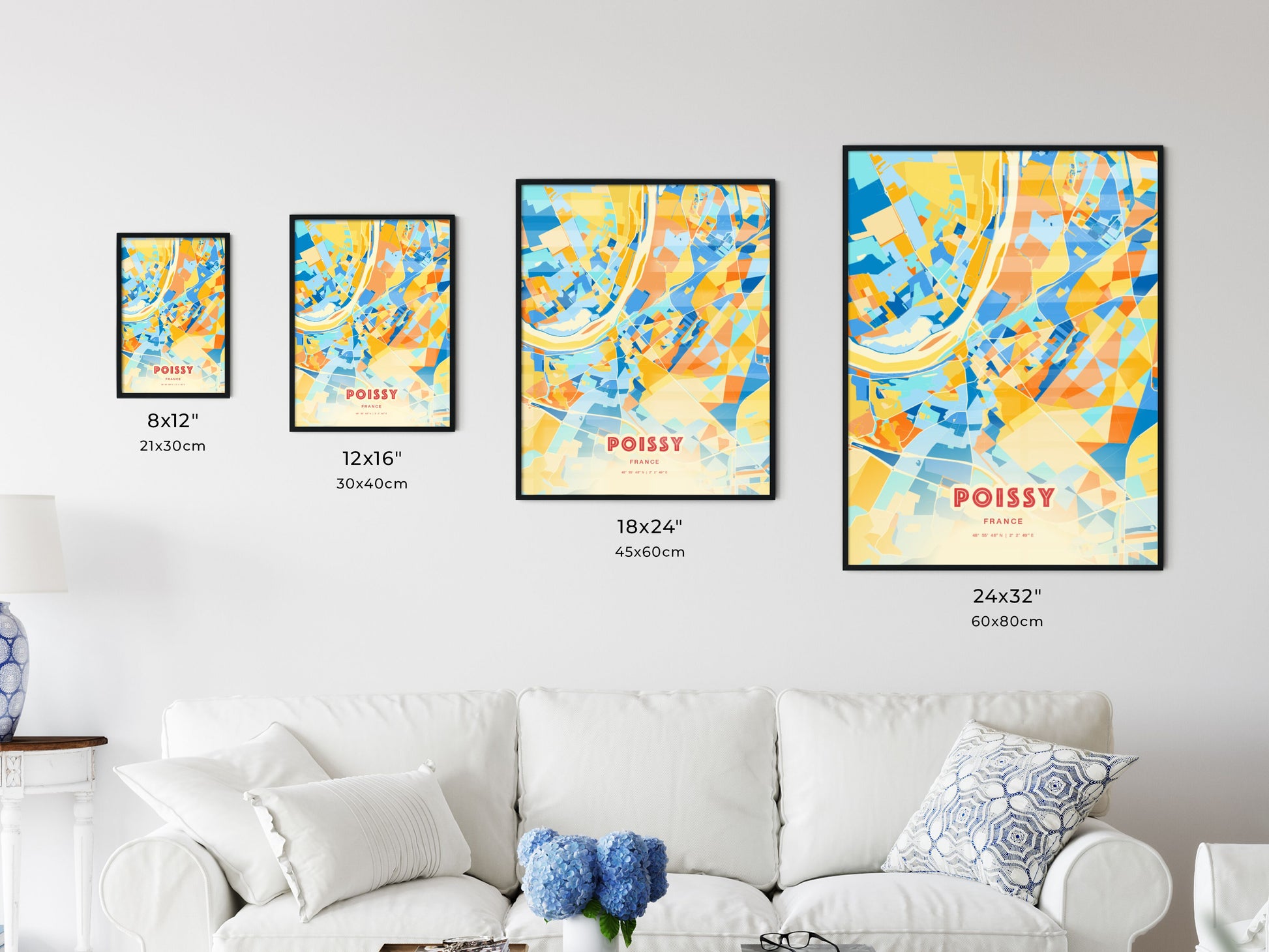 Colorful POISSY FRANCE Fine Art Map Blue Orange