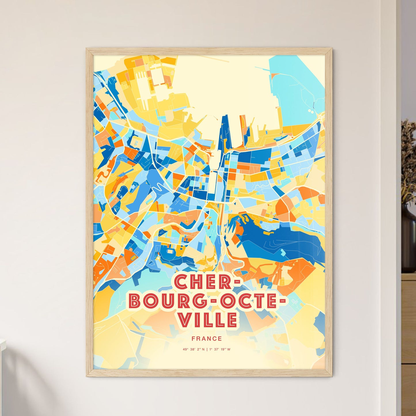 Colorful CHERBOURG-OCTEVILLE FRANCE Fine Art Map Blue Orange