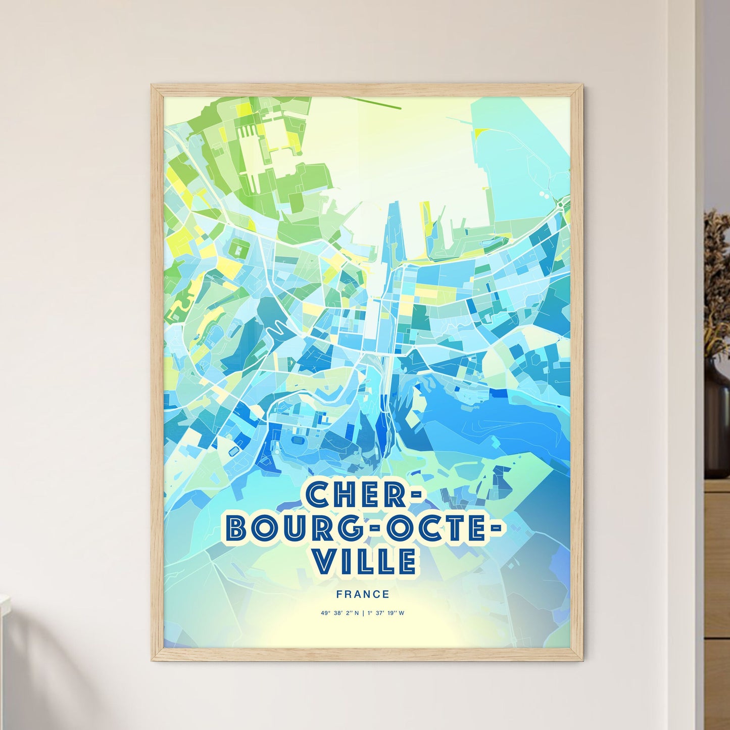 Colorful CHERBOURG-OCTEVILLE FRANCE Fine Art Map Cool Blue