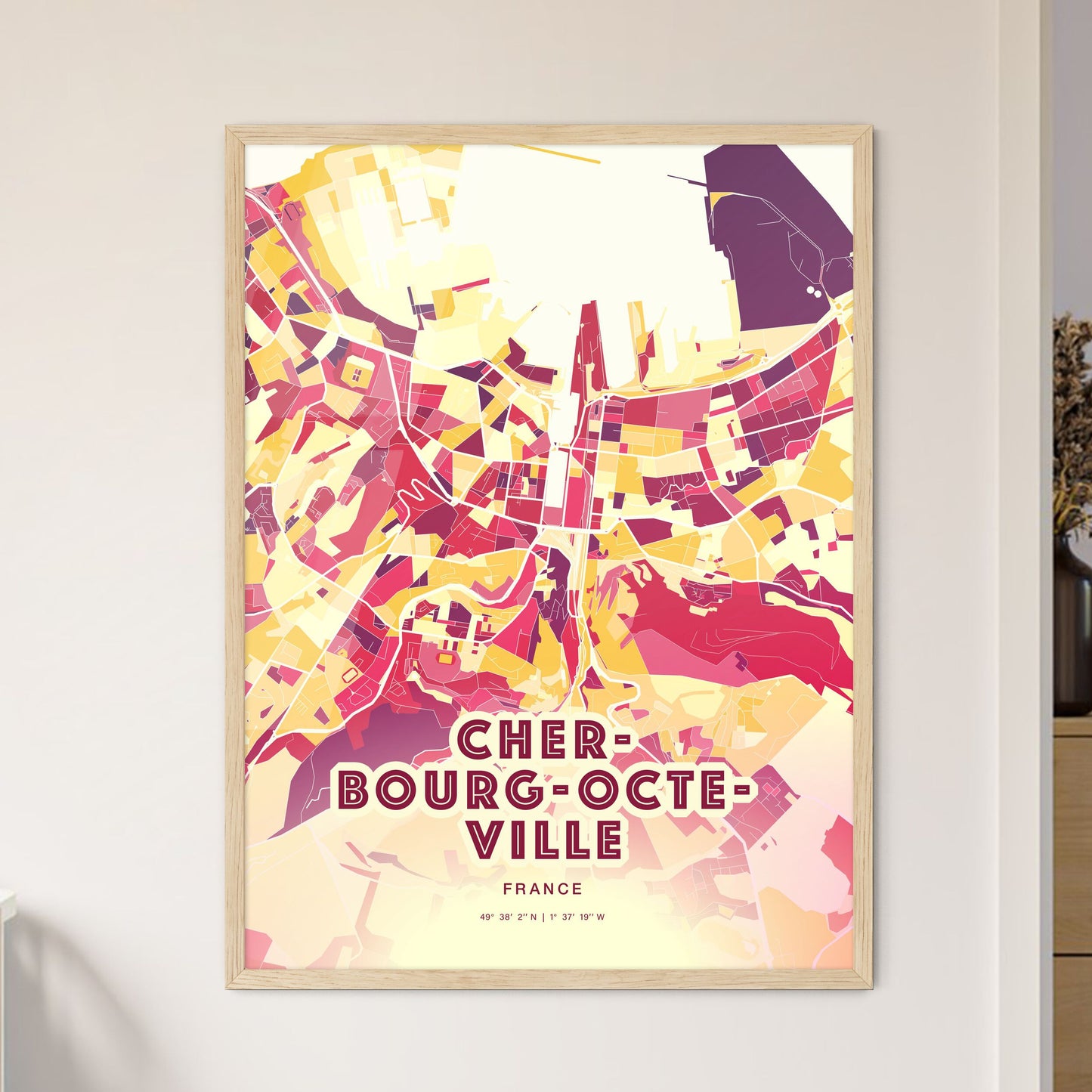 Colorful CHERBOURG-OCTEVILLE FRANCE Fine Art Map Hot Red