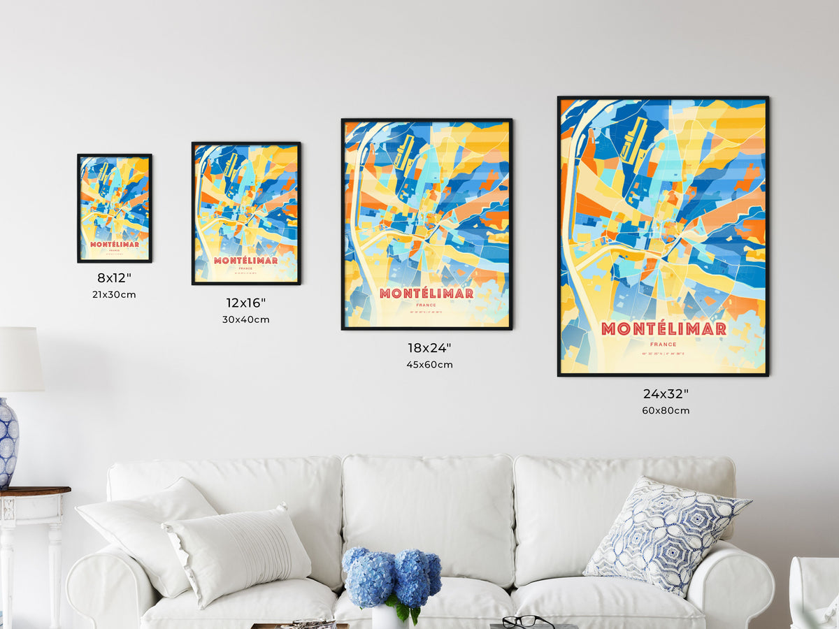 Colorful MONTÉLIMAR FRANCE Fine Art Map Blue Orange