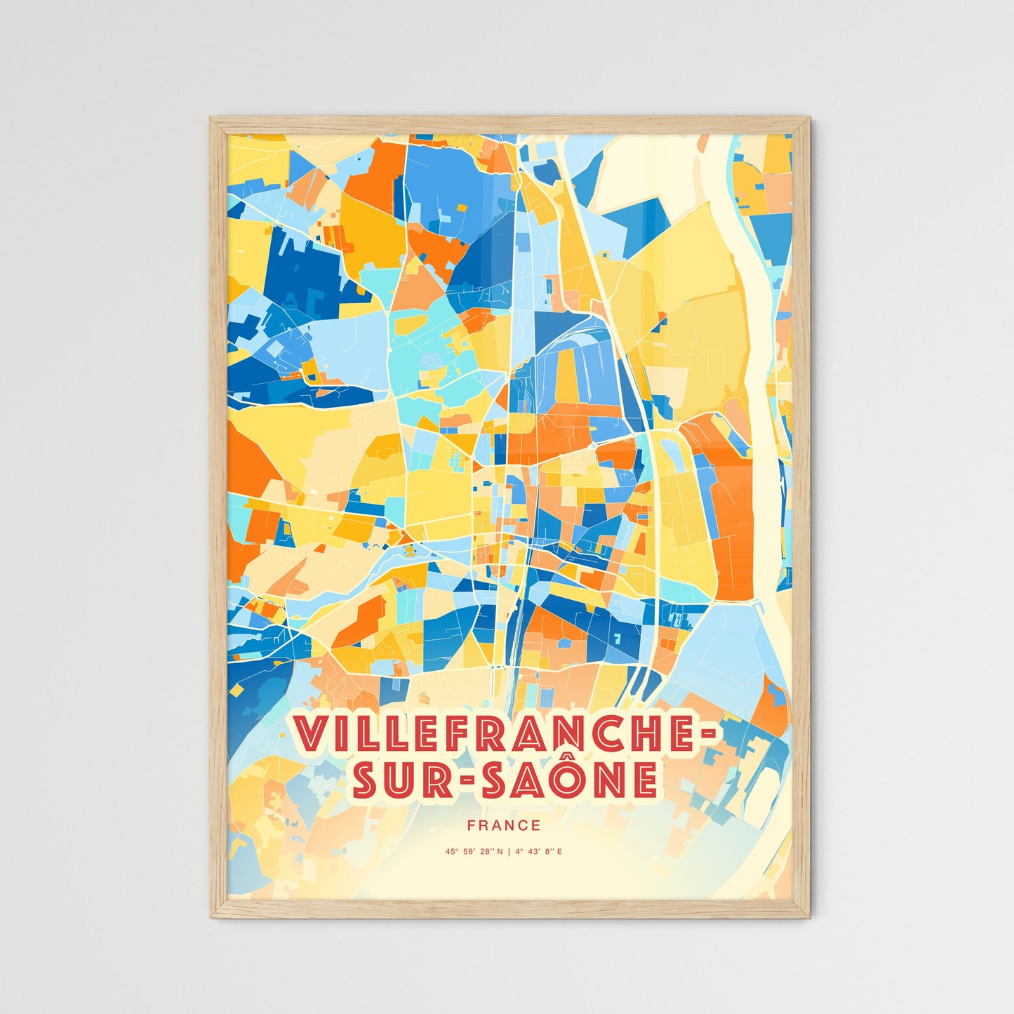 Colorful VILLEFRANCHE-SUR-SAÔNE FRANCE Fine Art Map Blue Orange