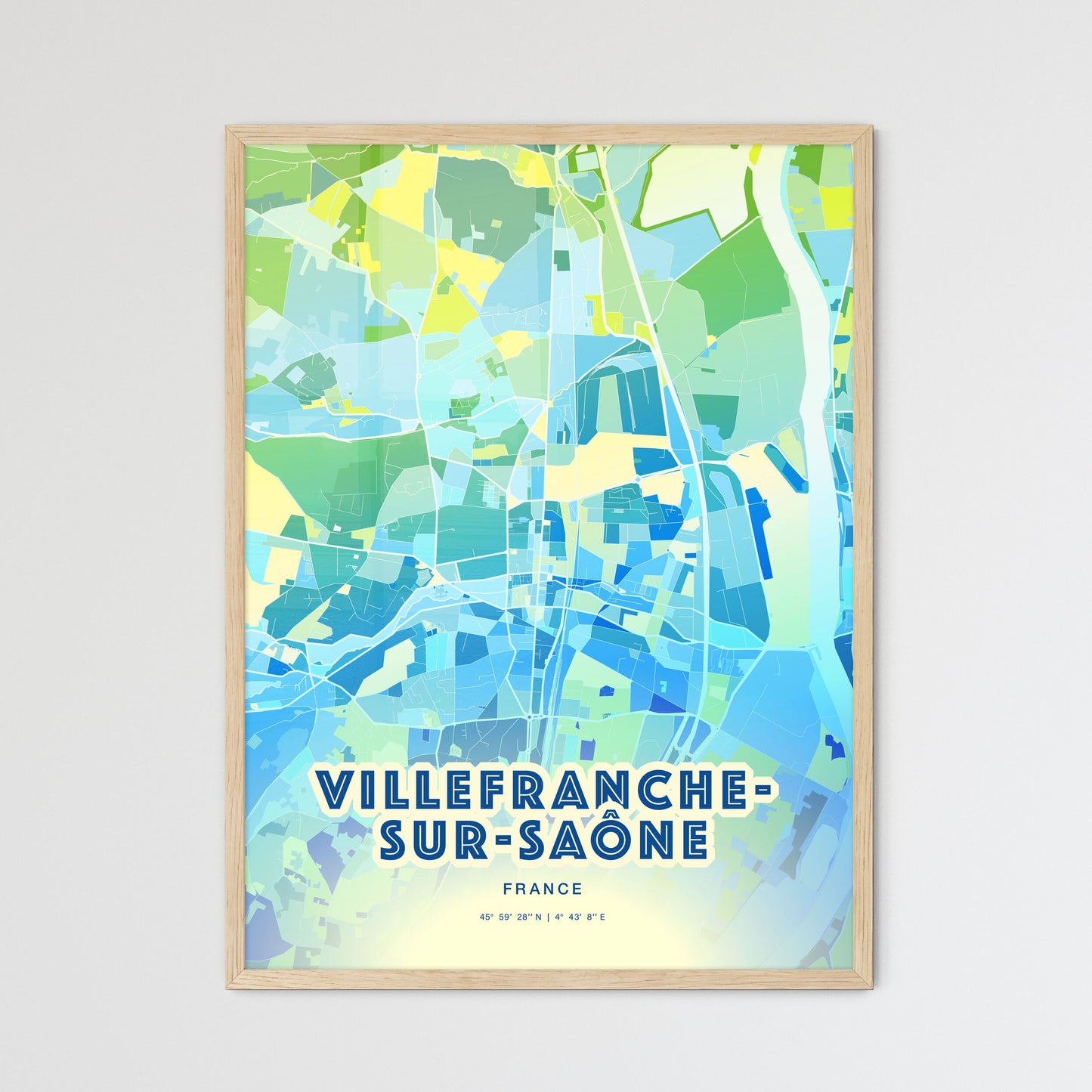 Colorful VILLEFRANCHE-SUR-SAÔNE FRANCE Fine Art Map Cool Blue