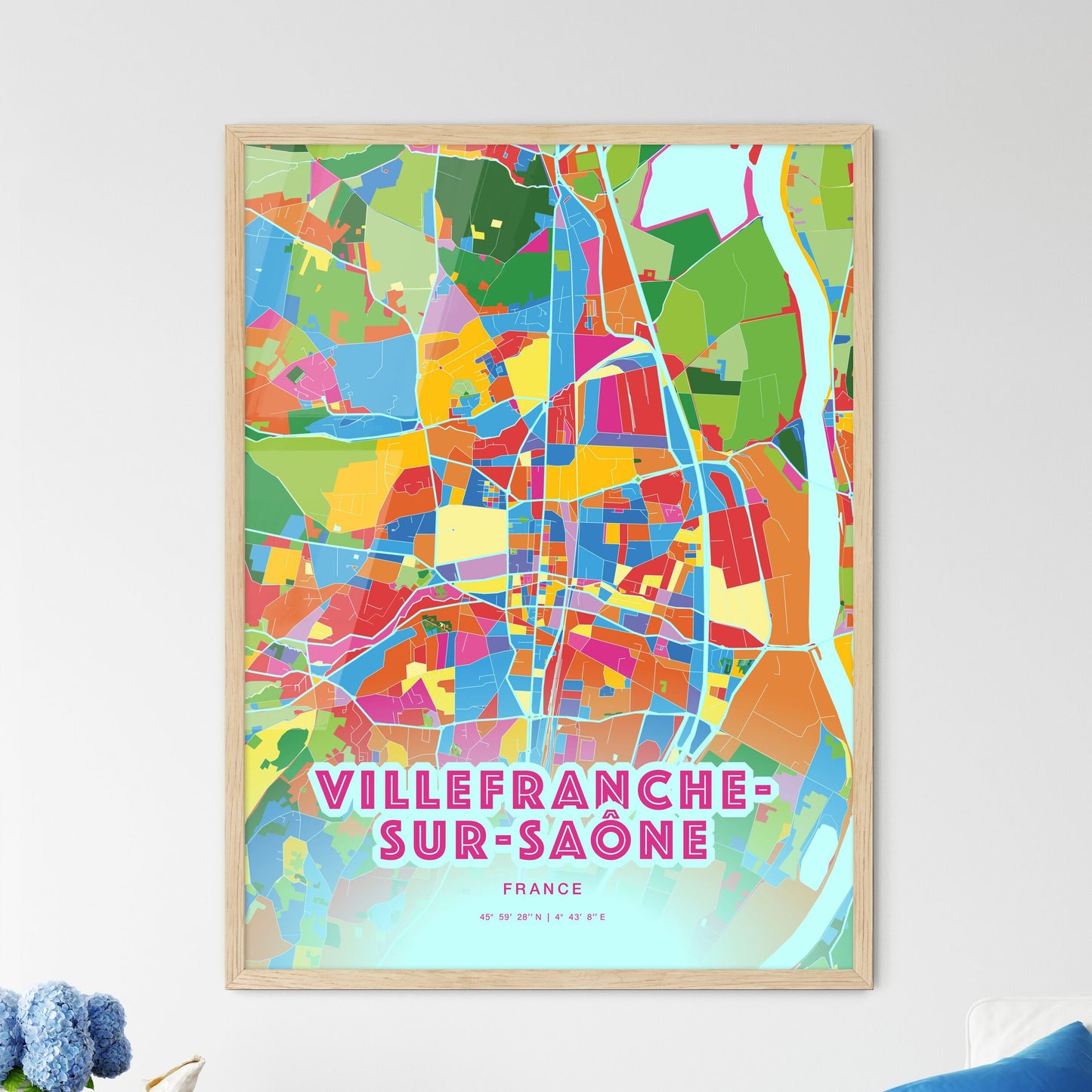 Colorful VILLEFRANCHE-SUR-SAÔNE FRANCE Fine Art Map Crazy Colors