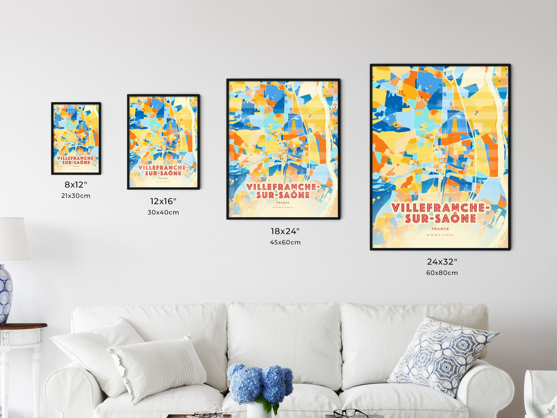 Colorful VILLEFRANCHE-SUR-SAÔNE FRANCE Fine Art Map Blue Orange