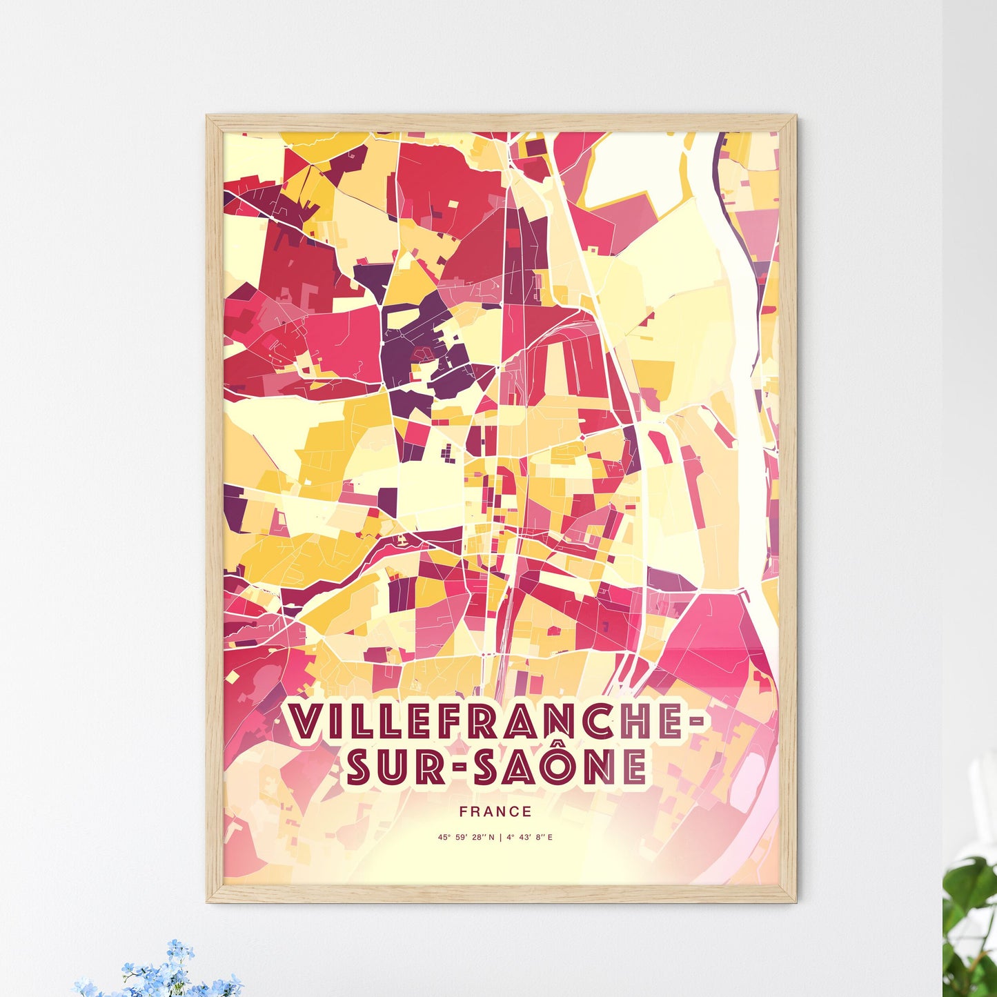 Colorful VILLEFRANCHE-SUR-SAÔNE FRANCE Fine Art Map Hot Red