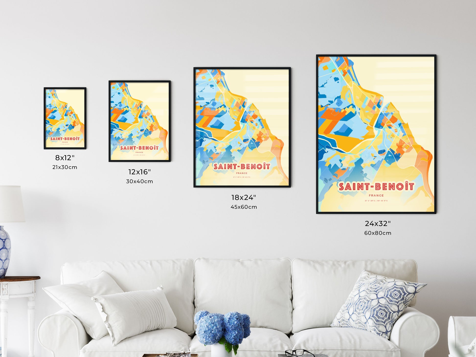 Colorful SAINT-BENOÎT FRANCE Fine Art Map Blue Orange