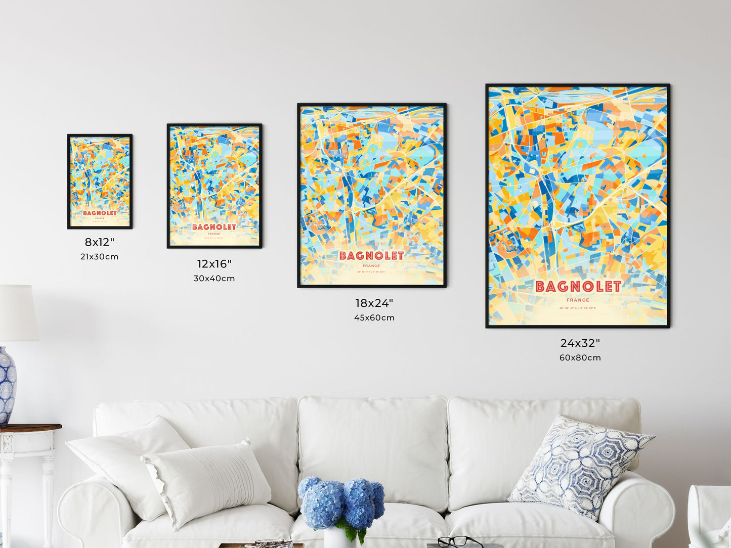 Colorful BAGNOLET FRANCE Fine Art Map Blue Orange