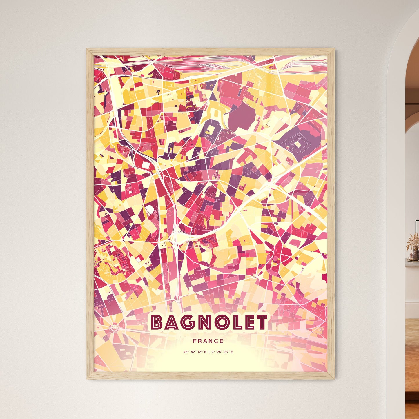 Colorful BAGNOLET FRANCE Fine Art Map Hot Red