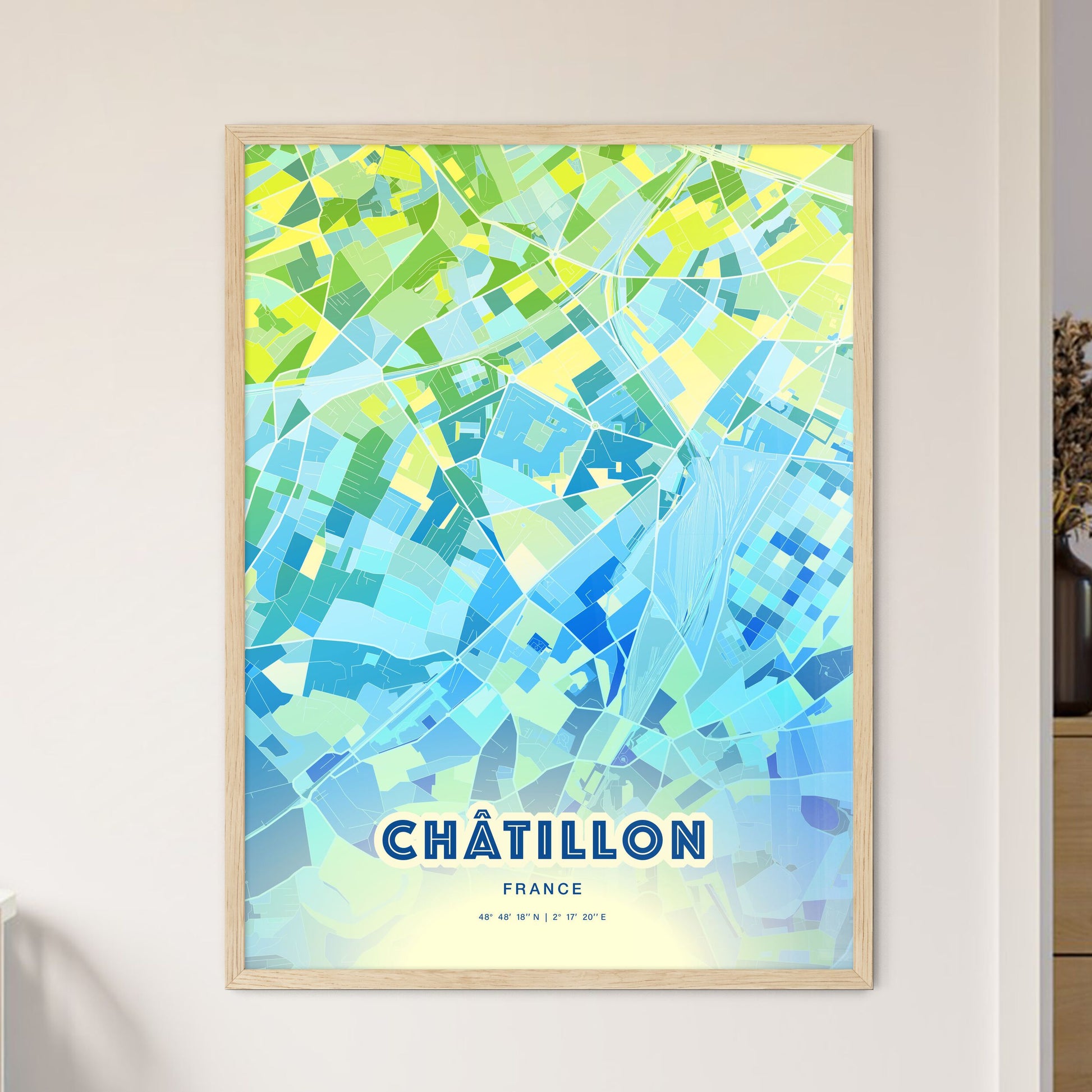 Colorful CHÂTILLON FRANCE Fine Art Map Cool Blue