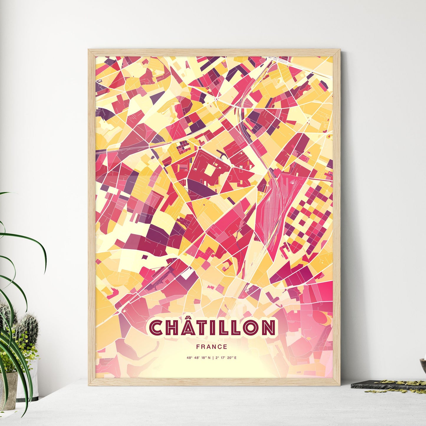 Colorful CHÂTILLON FRANCE Fine Art Map Hot Red