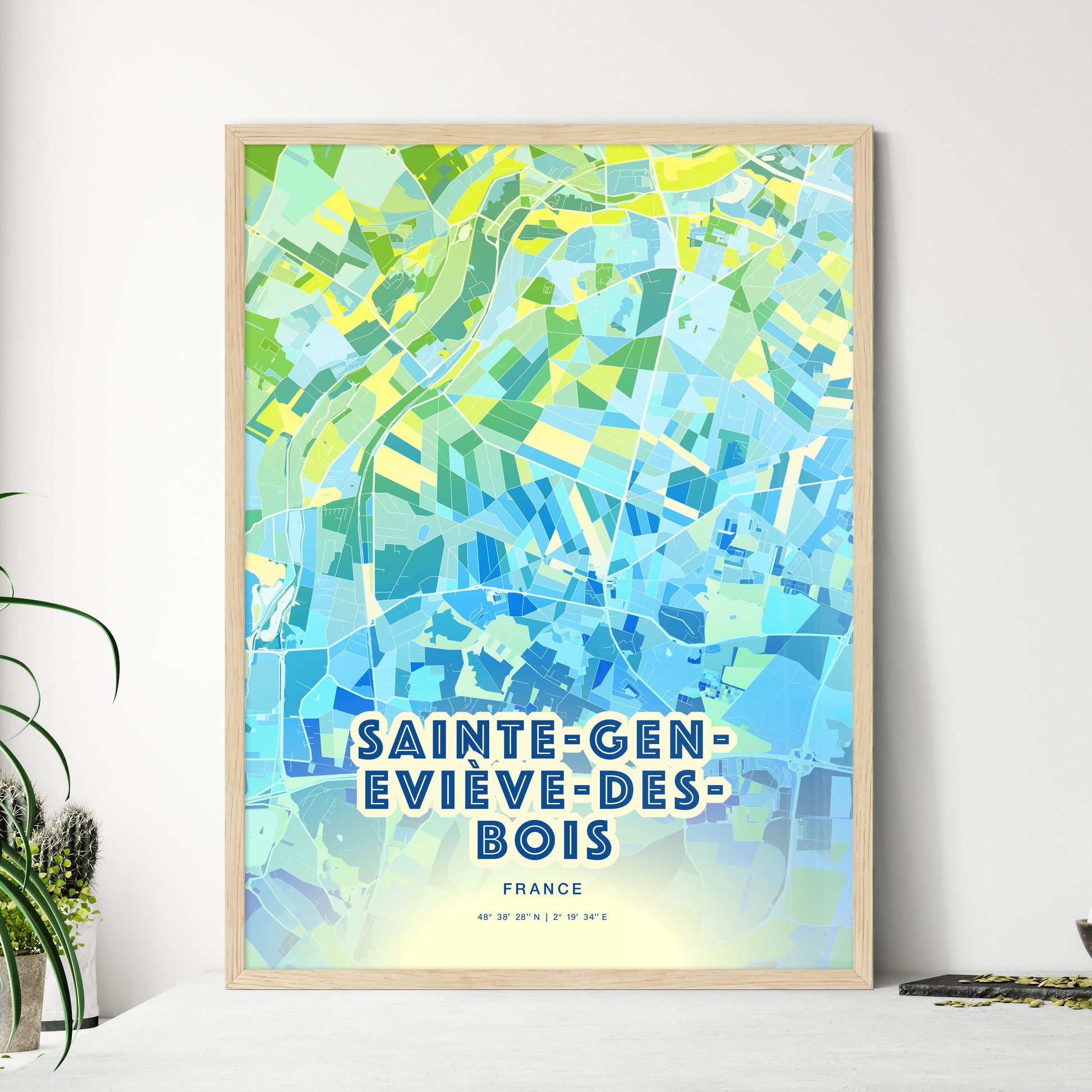 Colorful SAINTE-GENEVIÈVE-DES-BOIS FRANCE Fine Art Map Cool Blue