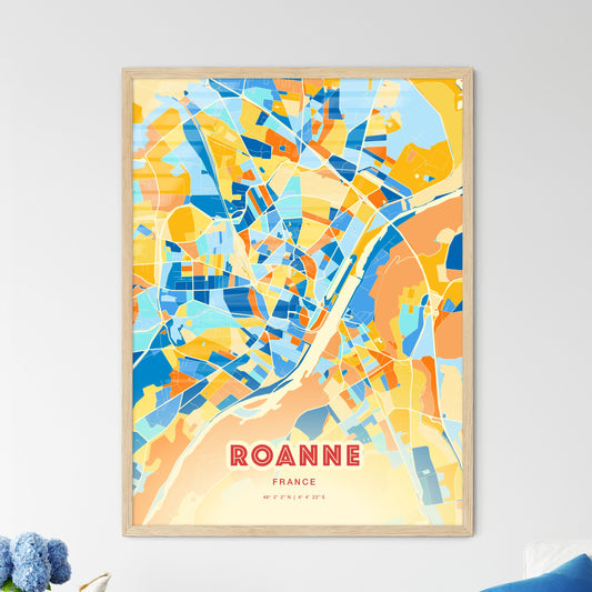 Colorful ROANNE FRANCE Fine Art Map Blue Orange