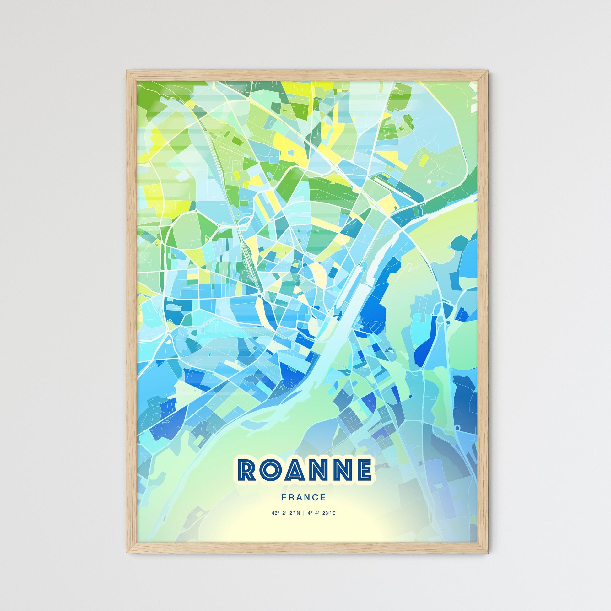 Colorful ROANNE FRANCE Fine Art Map Cool Blue